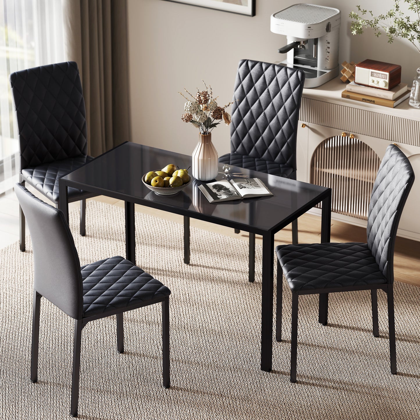 HOMCOM 5 Piece Dining Set With Glass Top Table And Quilted PU Leather Chairs In Black Kitchen