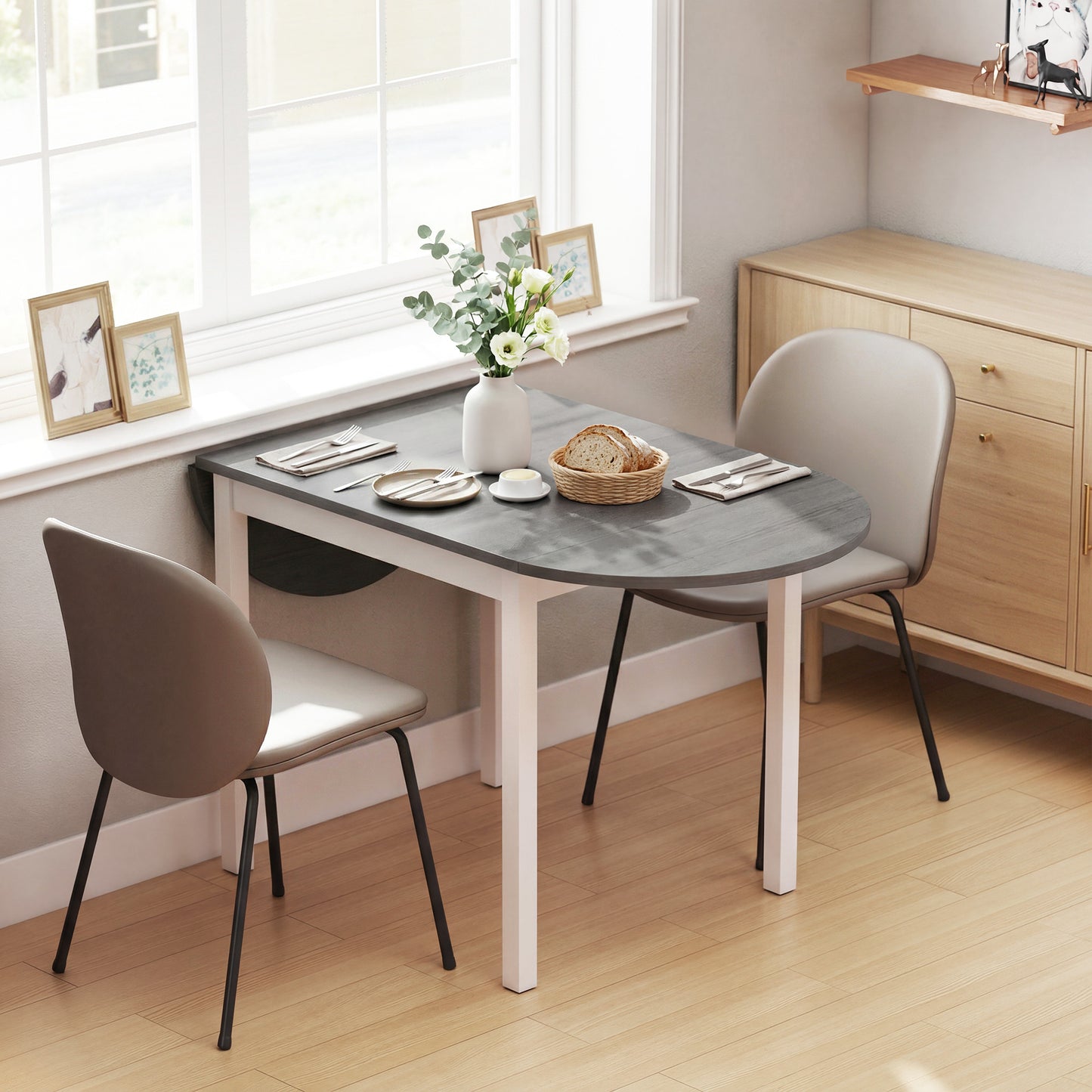HOMCOM 4 To 6 Person Wooden Drop Leaf Dining Table Grey Finish Extendable Space Saving