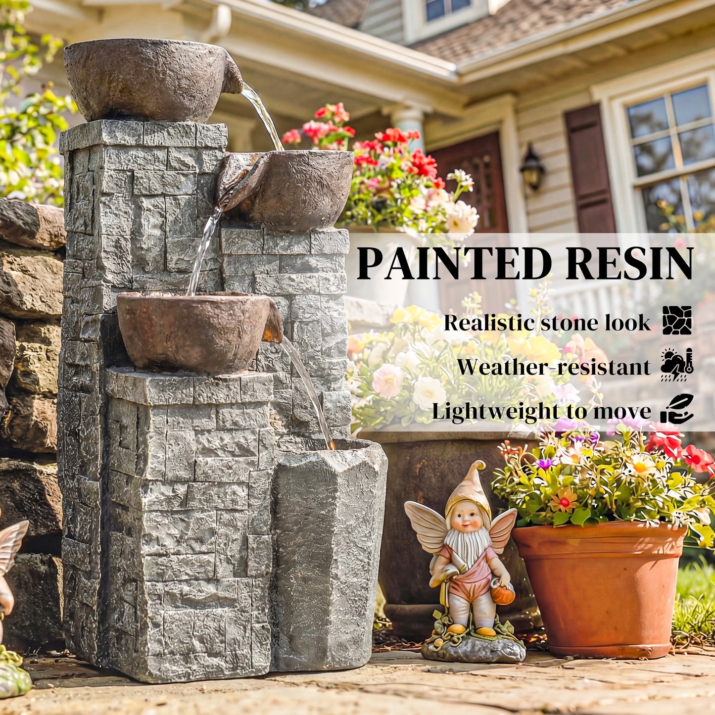 Outsunny 4-Tier Outdoor Fountain With Cascading Waterfall LED Lights Adjustable Flow Grey And Rustic Brown
