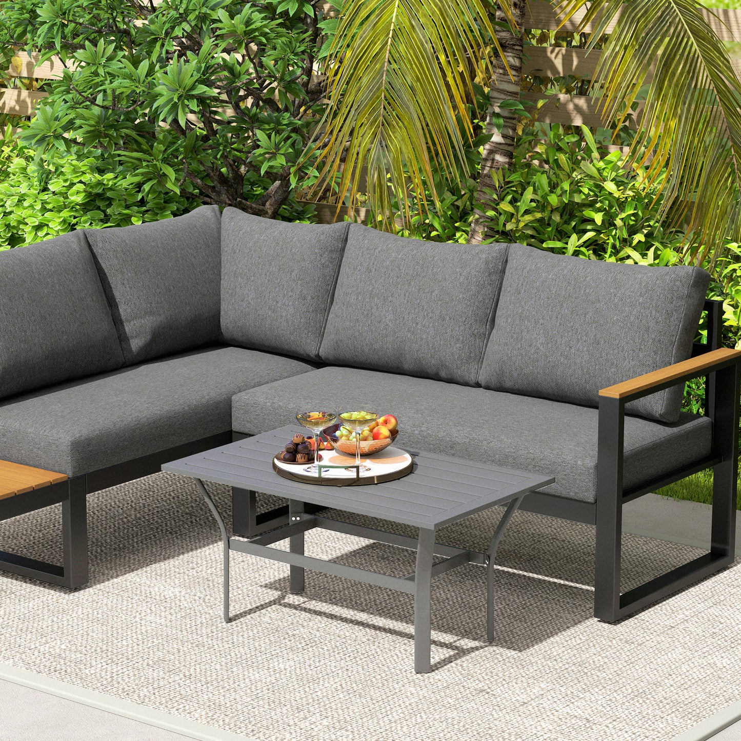 Outsunny Metal Garden Coffee Table Rectangular Outdoor Side Table With Slatted Tabletop 91.5 x 55 x 45 cm Dark Grey