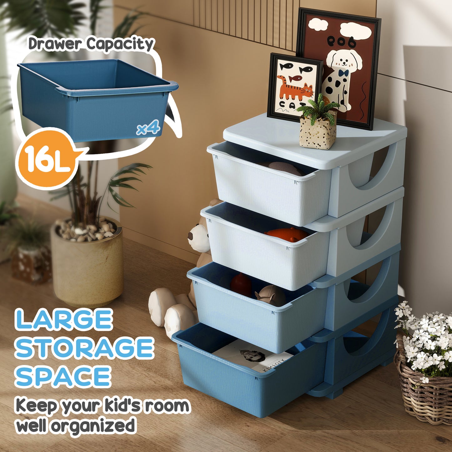 HOMCOM Four Tier Kids Storage Boxes With Four Drawers Blue PP Easy Clean Toy Organizer For Toys Books