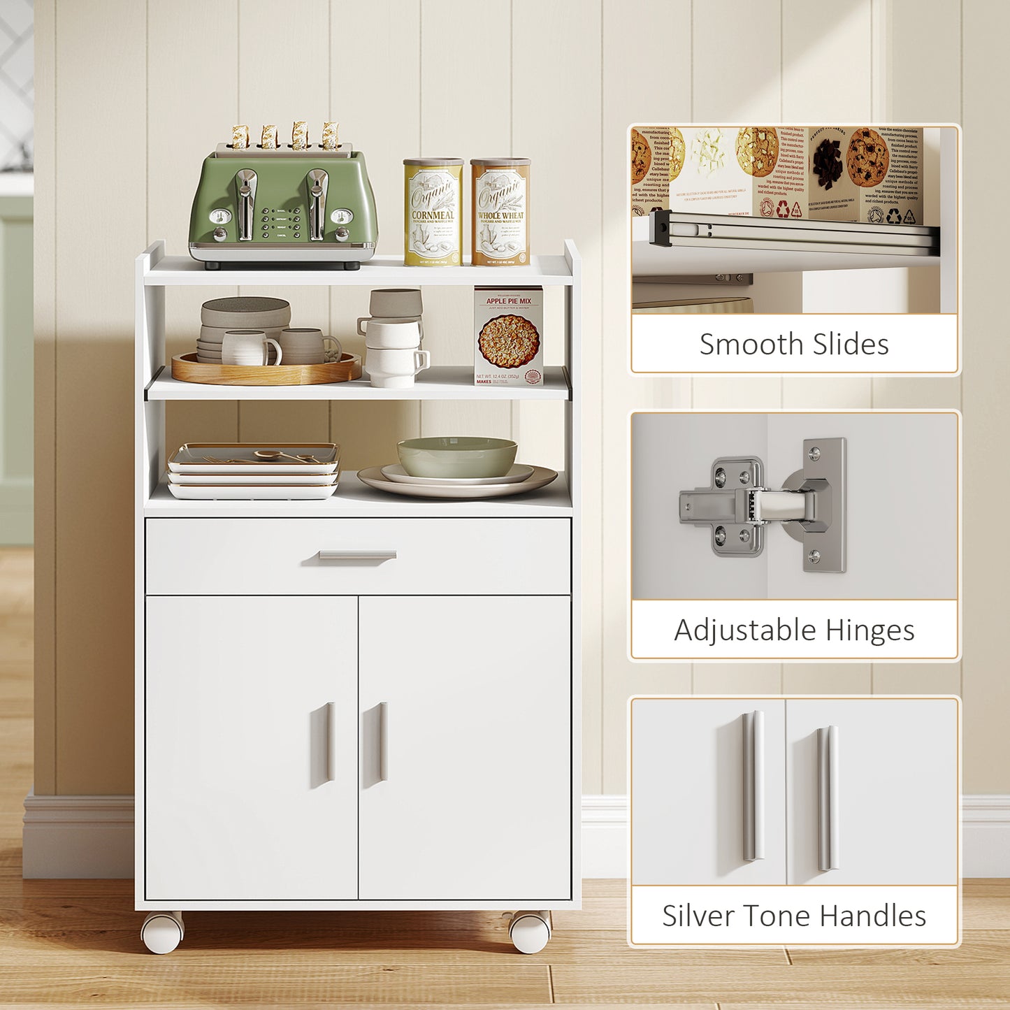 Homcom Kitchen Trolley With Wheels Mobile Microwave Stand With Slide Out Shelf Drawer And Two Doors For Dining Room