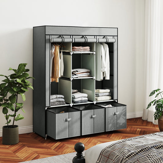 HOMCOM Foldable Fabric Wardrobe For Bedroom Portable Wardrobe 5 Shelves 2 Hanging Rails 3 Fabric Drawers Light Grey