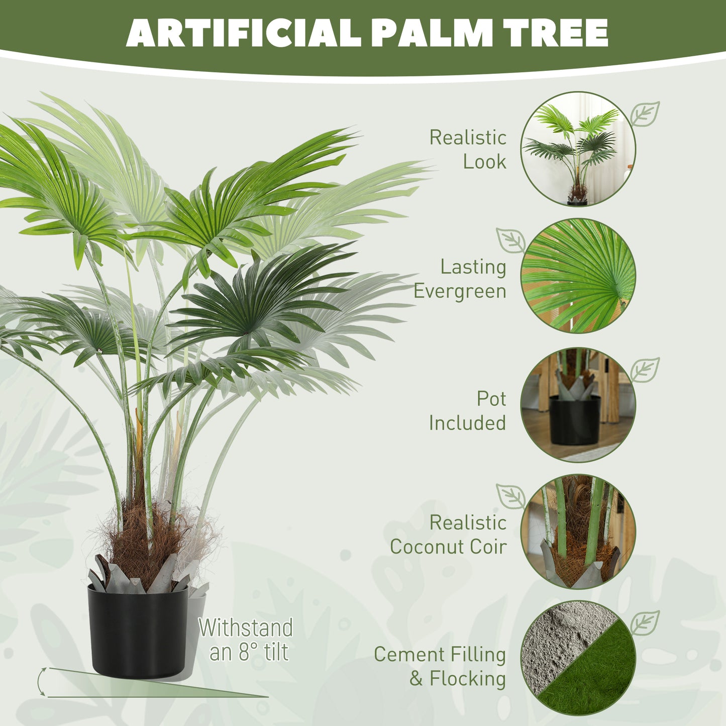 HOMCOM 94cm Artificial Palm Tree With Realistic PEVA Leaves And Coconut Coir In Plastic Pot For Home Office Decor Green