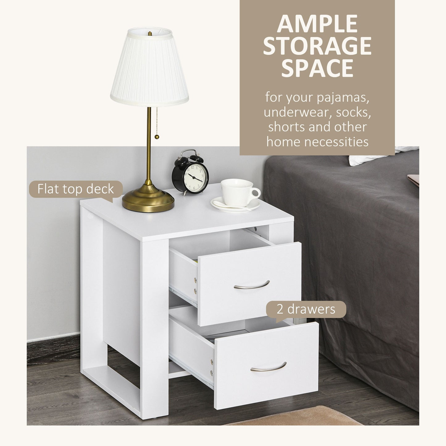 HOMCOM Bedside Table Set Of 2 With 2 Drawers And Handles Elevated Base White Melamine Finish