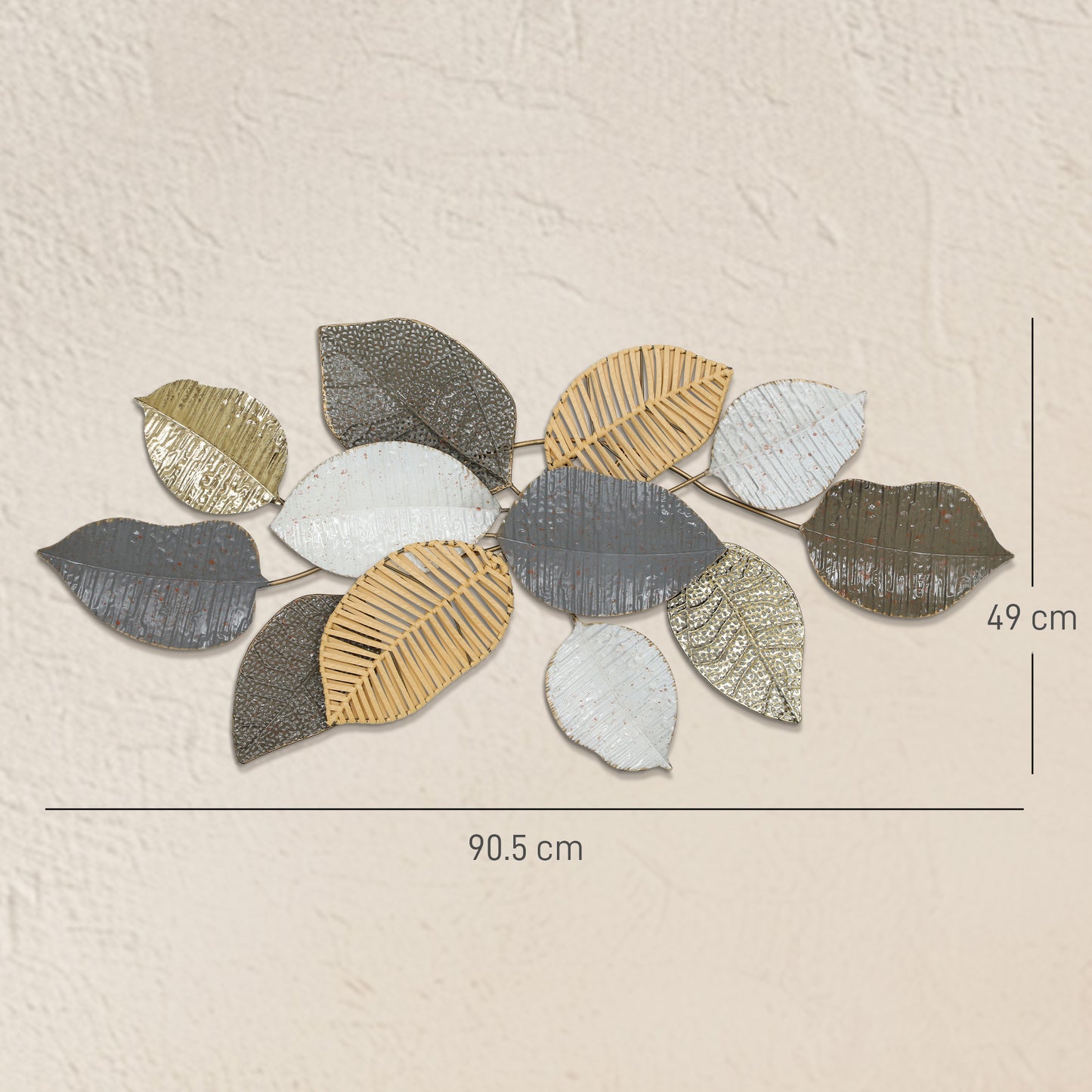 HOMCOM Metal Wall Art Modern Leaf Design Hanging Decor For Living Room Bedroom And Entryway 90.5W x 49H x 5D cm
