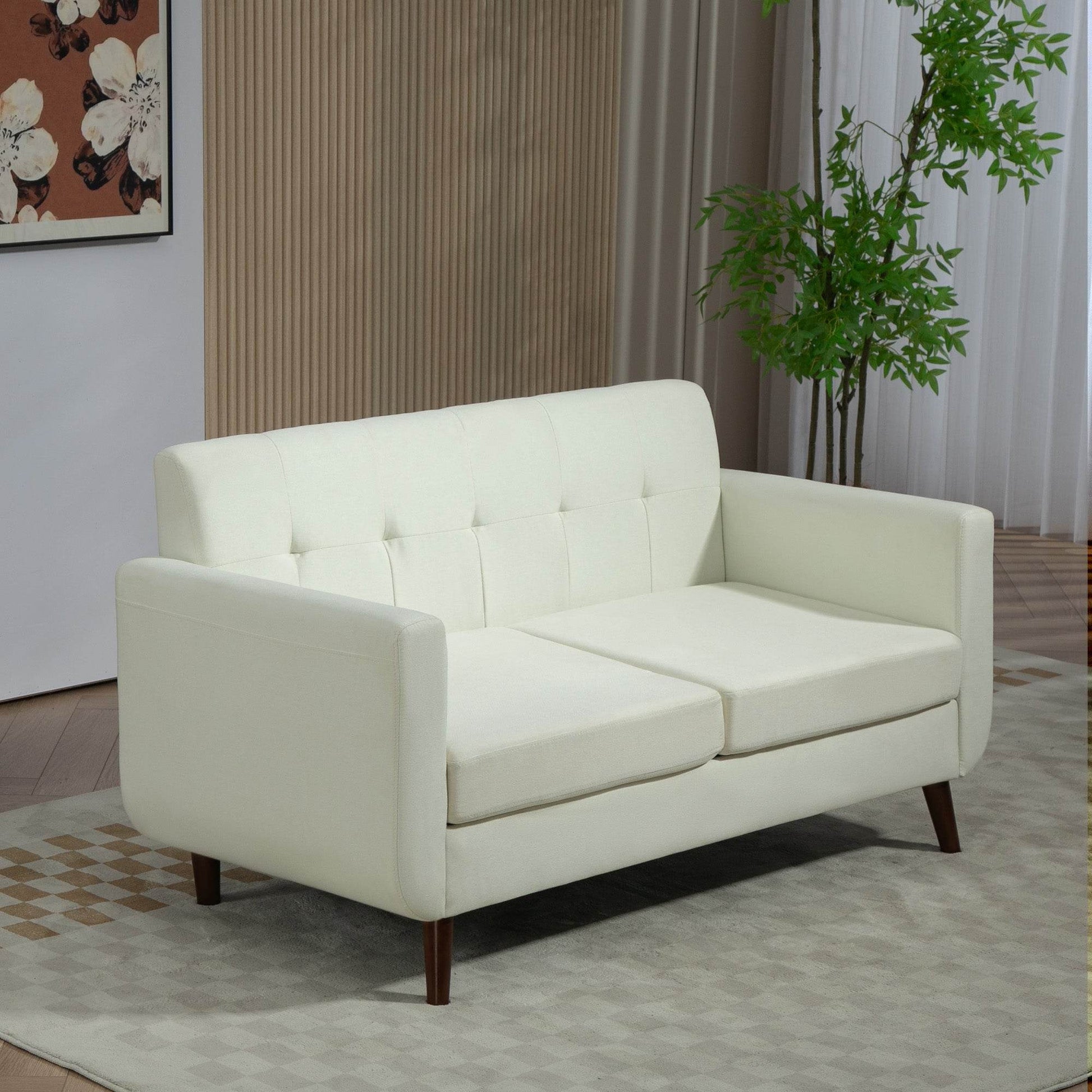 Modern Cream White Tufted Loveseat Sofa for Small Spaces - HOMCOM 2 Seater Upholstered Couch with Wood Legs - ALL4U RETAILER LTD