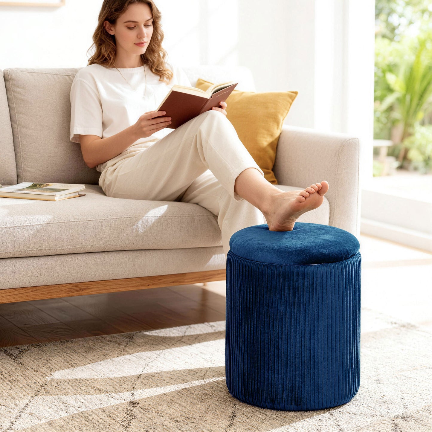 HOMCOM Velvet Round Storage Ottoman Footstool 45 cm Blue With Hidden 39.2 L Storage For Living Room Or Bedroom