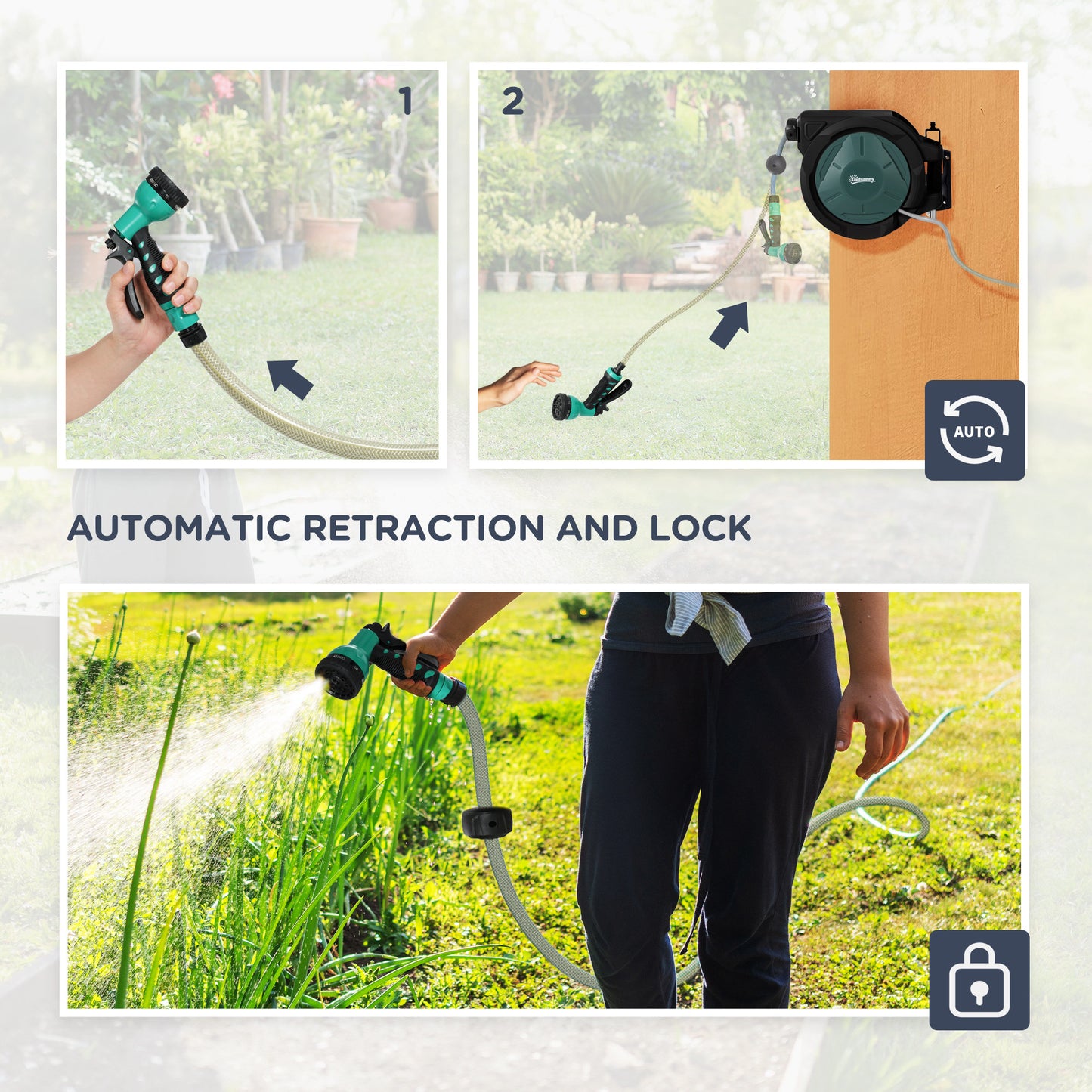 Outsunny Retractable Wall Mounted Hose Reel 30m Garden Hose With Auto Rewind 180 Degree Swivel 7 In 1 Nozzle Green