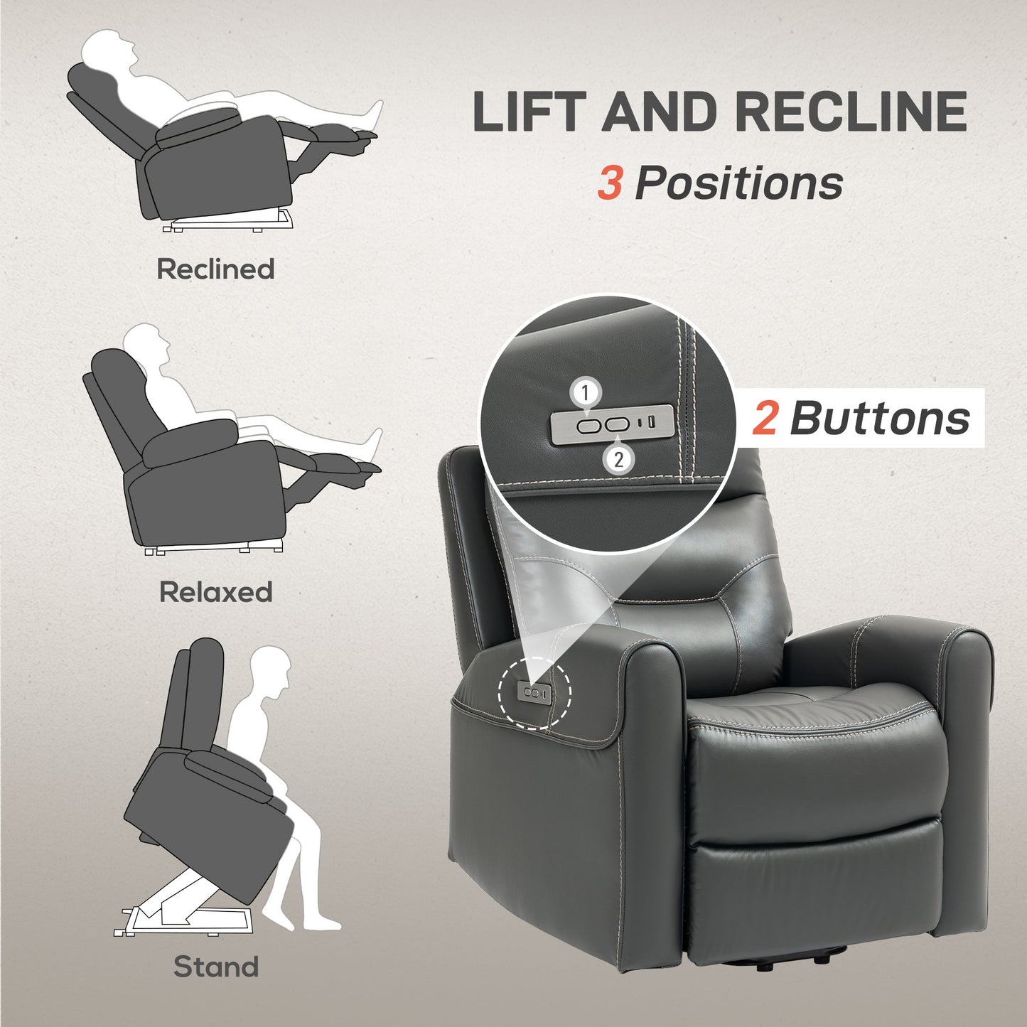 HOMCOM Power Lift Recliner Chair For Elderly With Overstuffed Faux Leather USB A C Ports Charcoal Grey