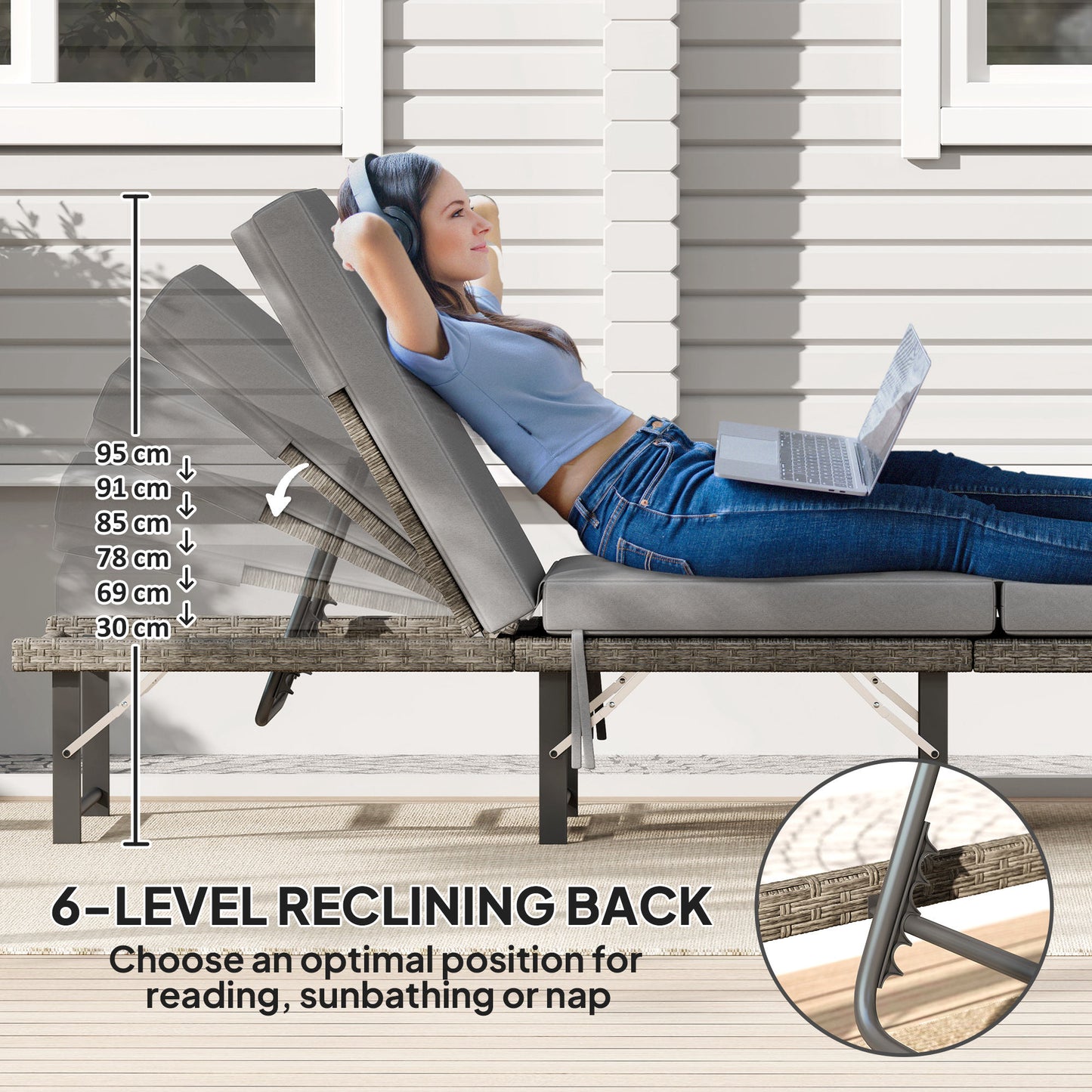 Outsunny Single Folding Rattan Sun Lounger With Cushion Grey Adjustable Back Six Position
