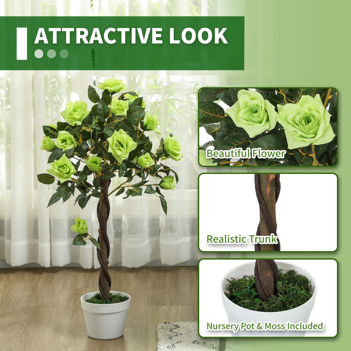 Outsunny Two Faux Rose Trees Indoor Decorative Plants Realistic Artificial Rose Trees Green Set For Living Room