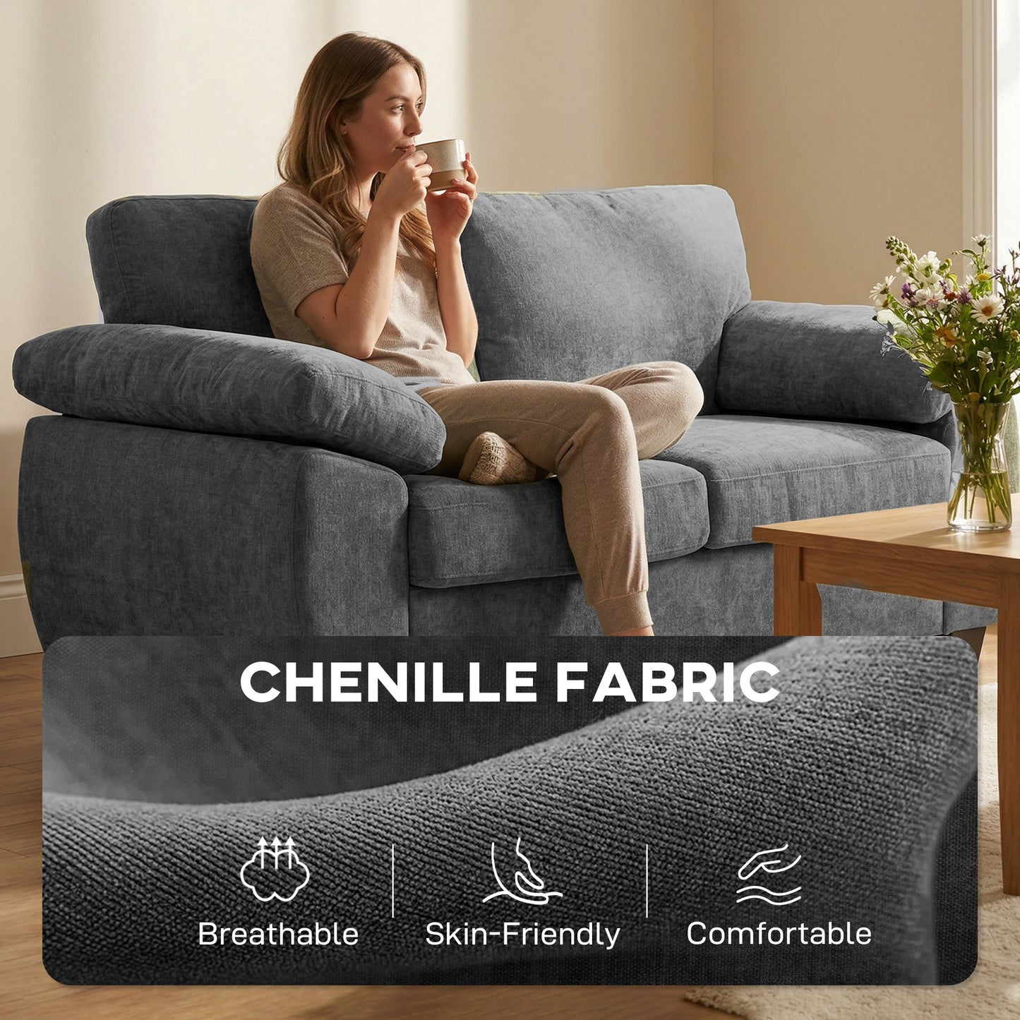 HOMCOM 2 Seater Chenille Sofa Loveseat 156cm Dark Grey With Thick Spring Cushion Seats