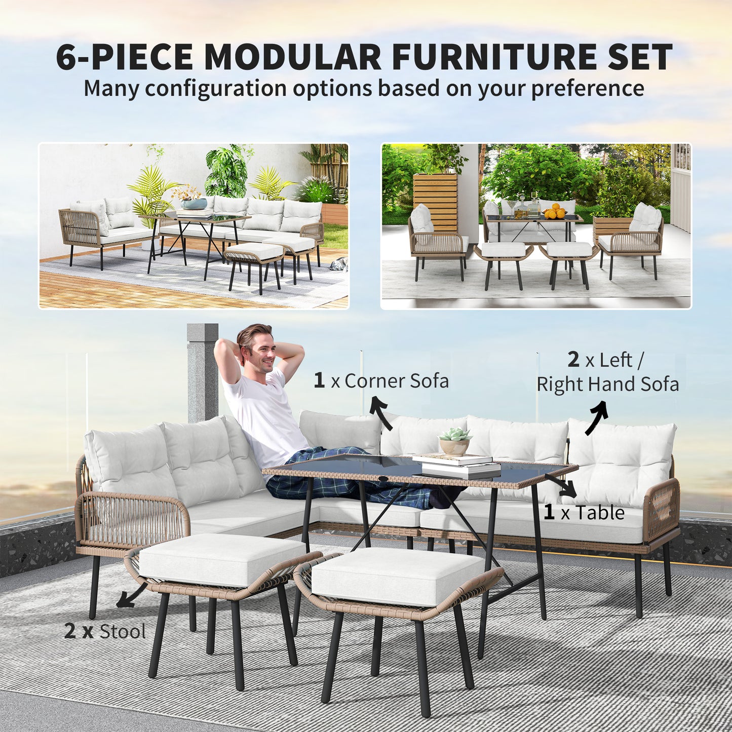 Outsunny 6 Piece Rattan Garden Furniture Set With Cushions And Glass Top Table 8 Seater Cream White