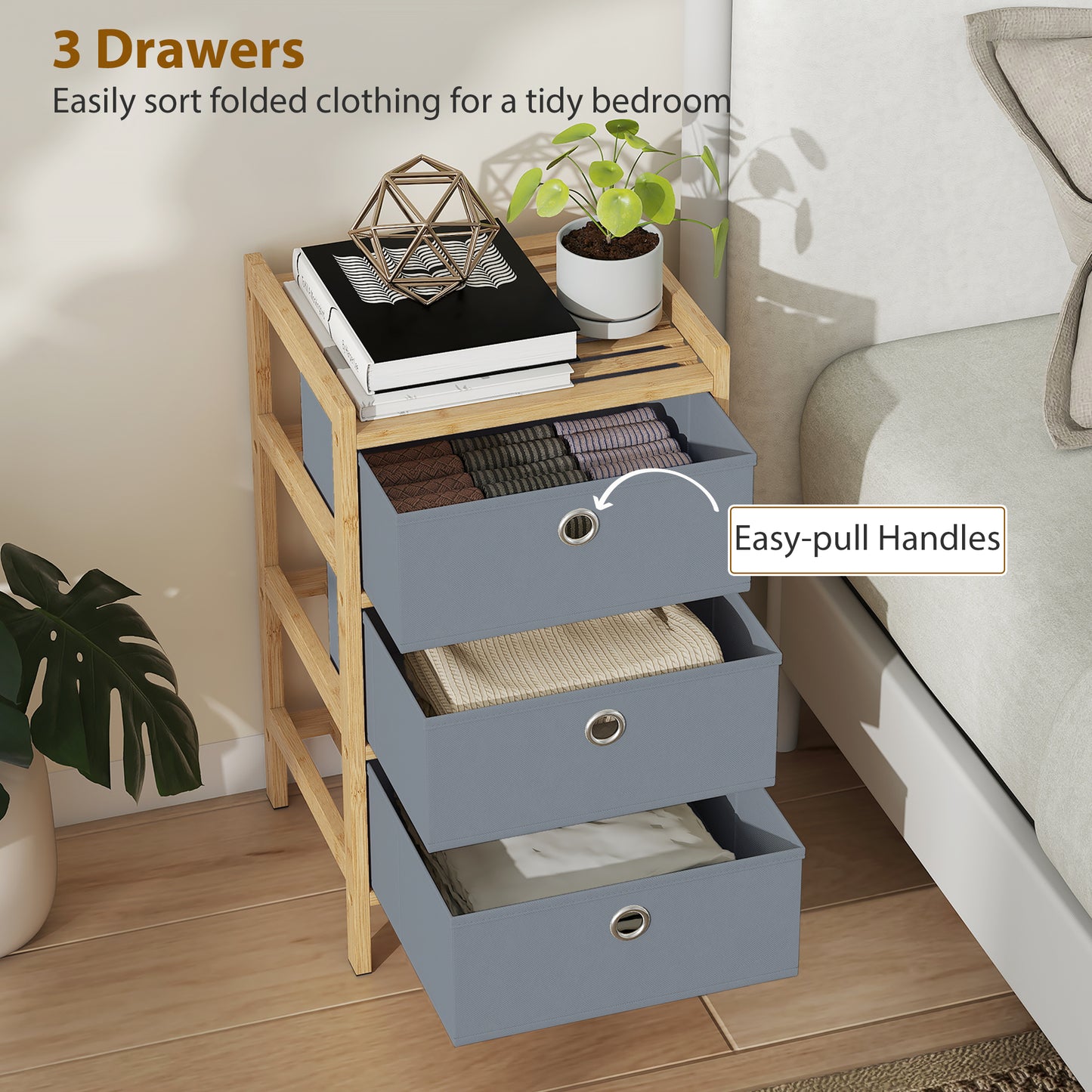HOMCOM Narrow Chest Of Drawers With Bamboo Frame And 3 Fabric Drawers In Light Grey