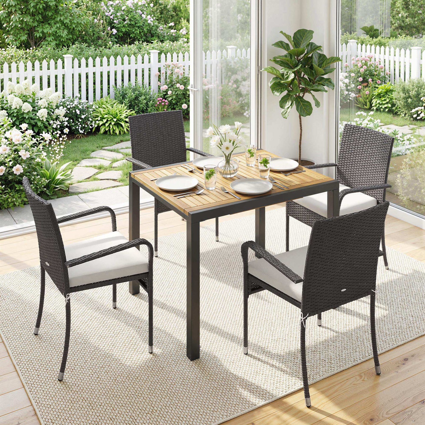 Outsunny 7 Piece Rattan Garden Furniture Set With Extendable Acacia Wood Tabletop 6 Stackable Chairs