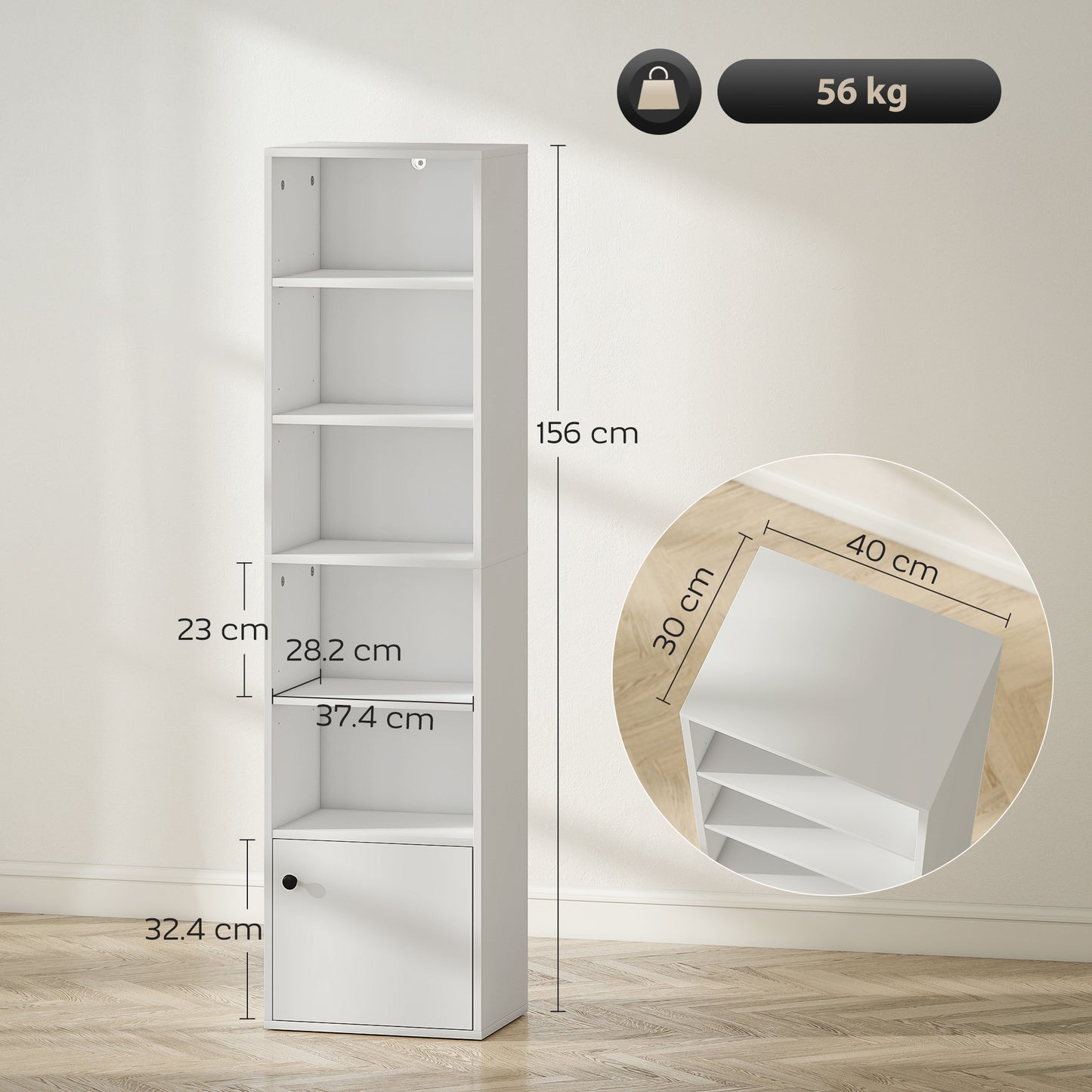 HOMCOM 6 Tier 156 cm Tall White Bookcase with Adjustable Shelves for Small Spaces