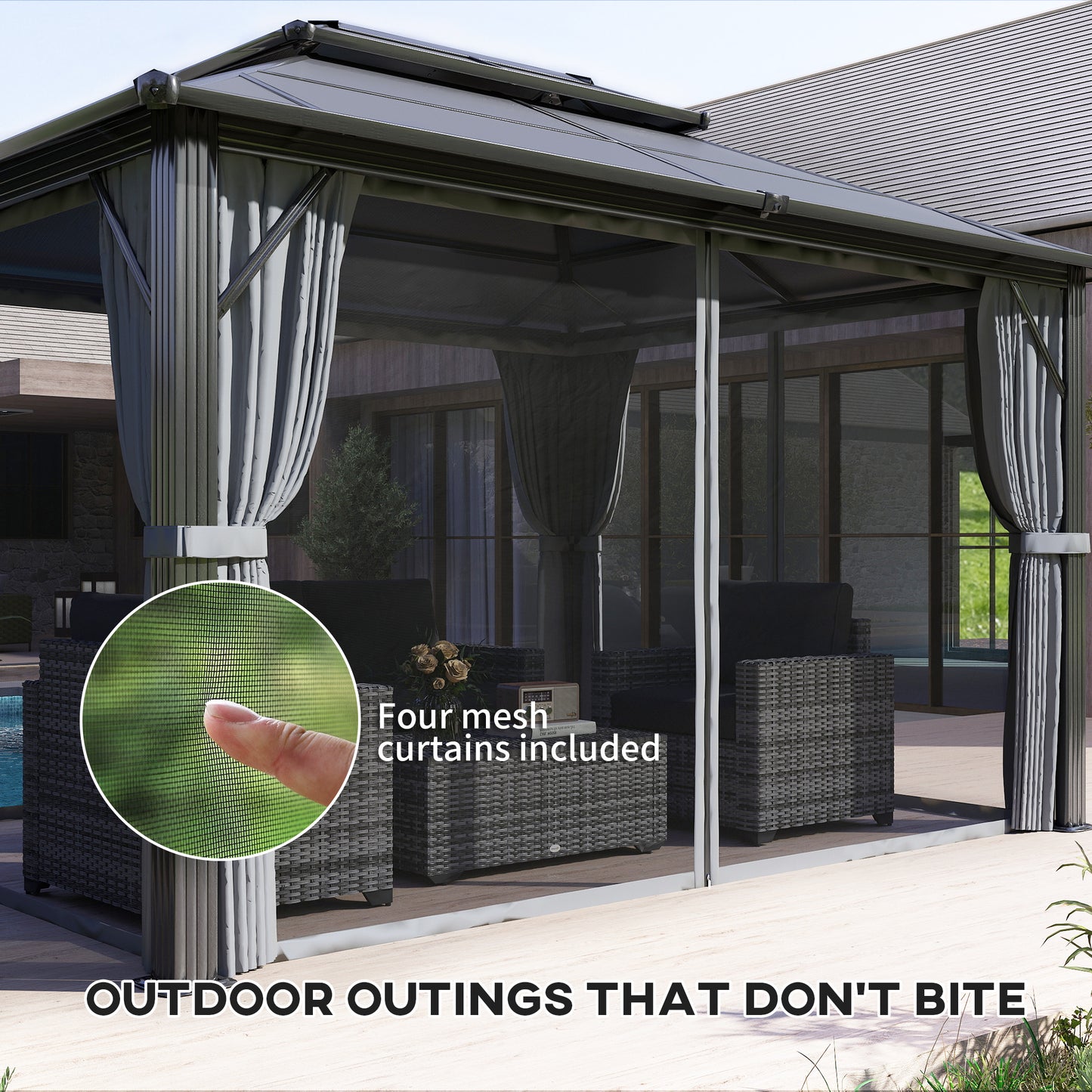 Outsunny 3x4m Hardtop Gazebo UPF30 Double Polycarbonate Roof Aluminum Frame Mosquito Netting Curtains Grey