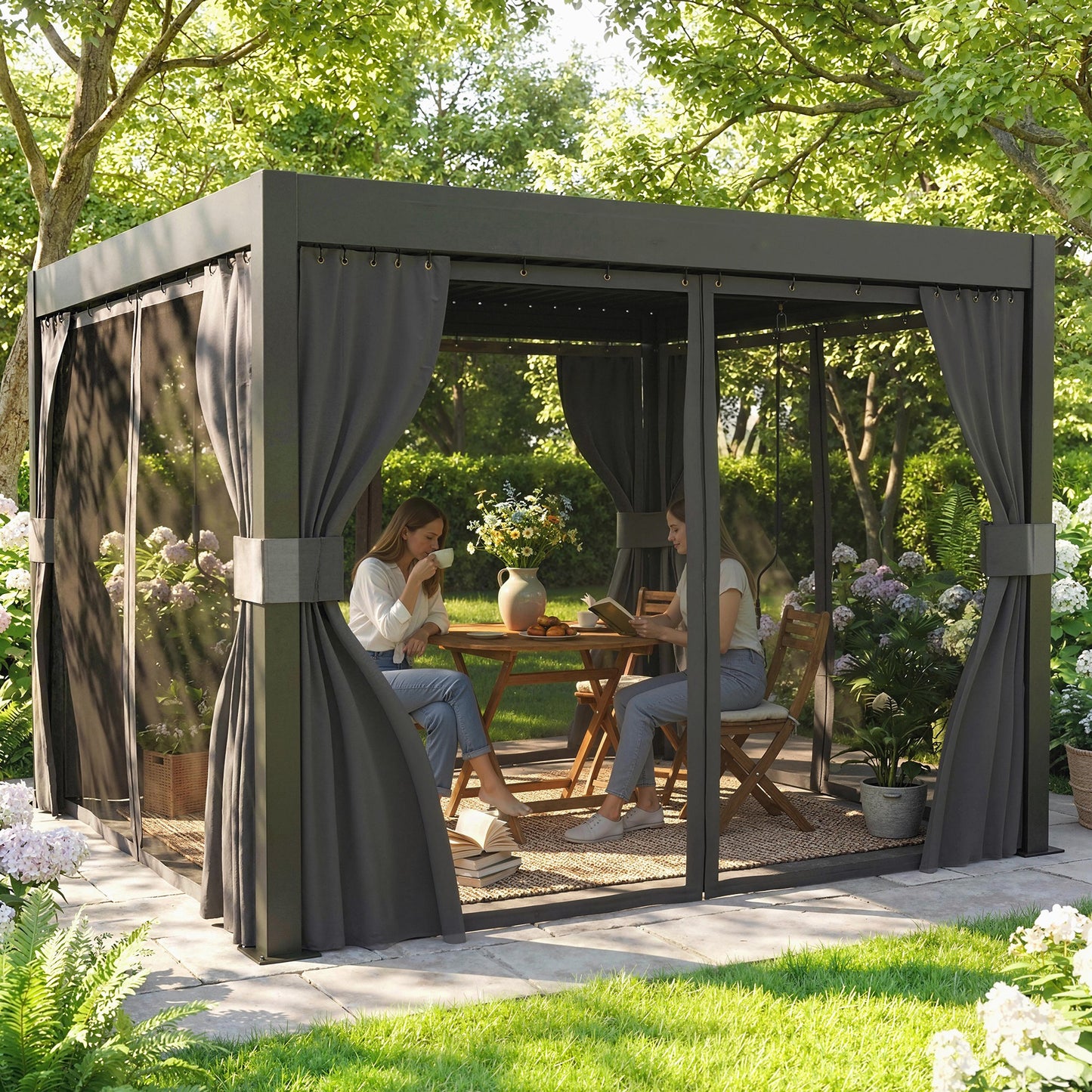 Outsunny 3x3 M Louvered Pergola With Adjustable Metal Roof Aluminum Patio Gazebo With Netting And Curtains Dark Grey