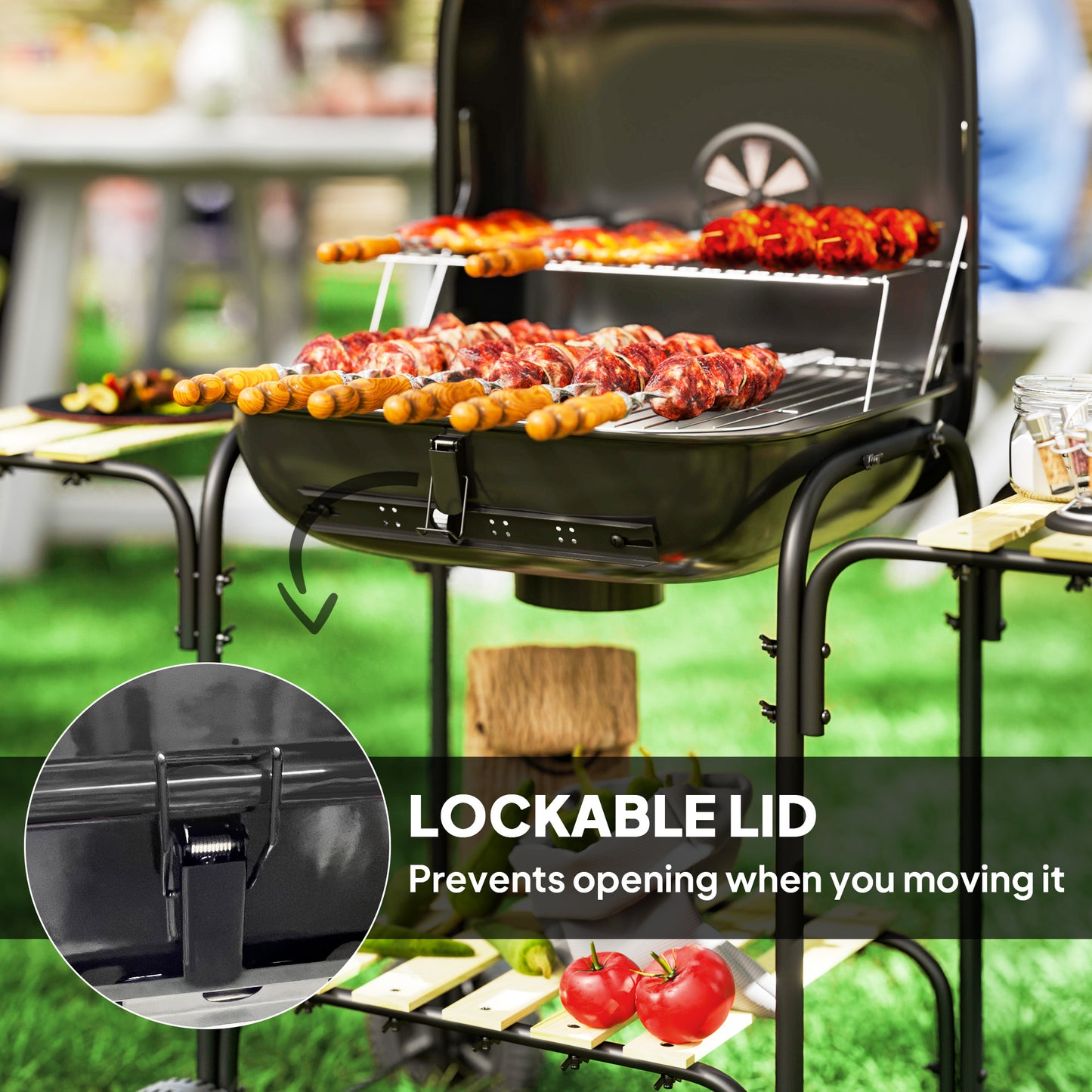 Outsunny Charcoal Portable Barbecue Grill 1840 Sq Cm Cooking Area, 3 Shelves, Adjustable Vent, Lockable Lid, Wheels