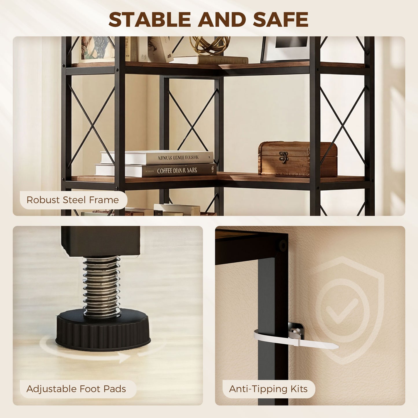 HOMCOM 200 cm Industrial 6 Tier L Shaped Bookshelf Freestanding Corner Bookcase With Metal Frame Rustic Brown Finish