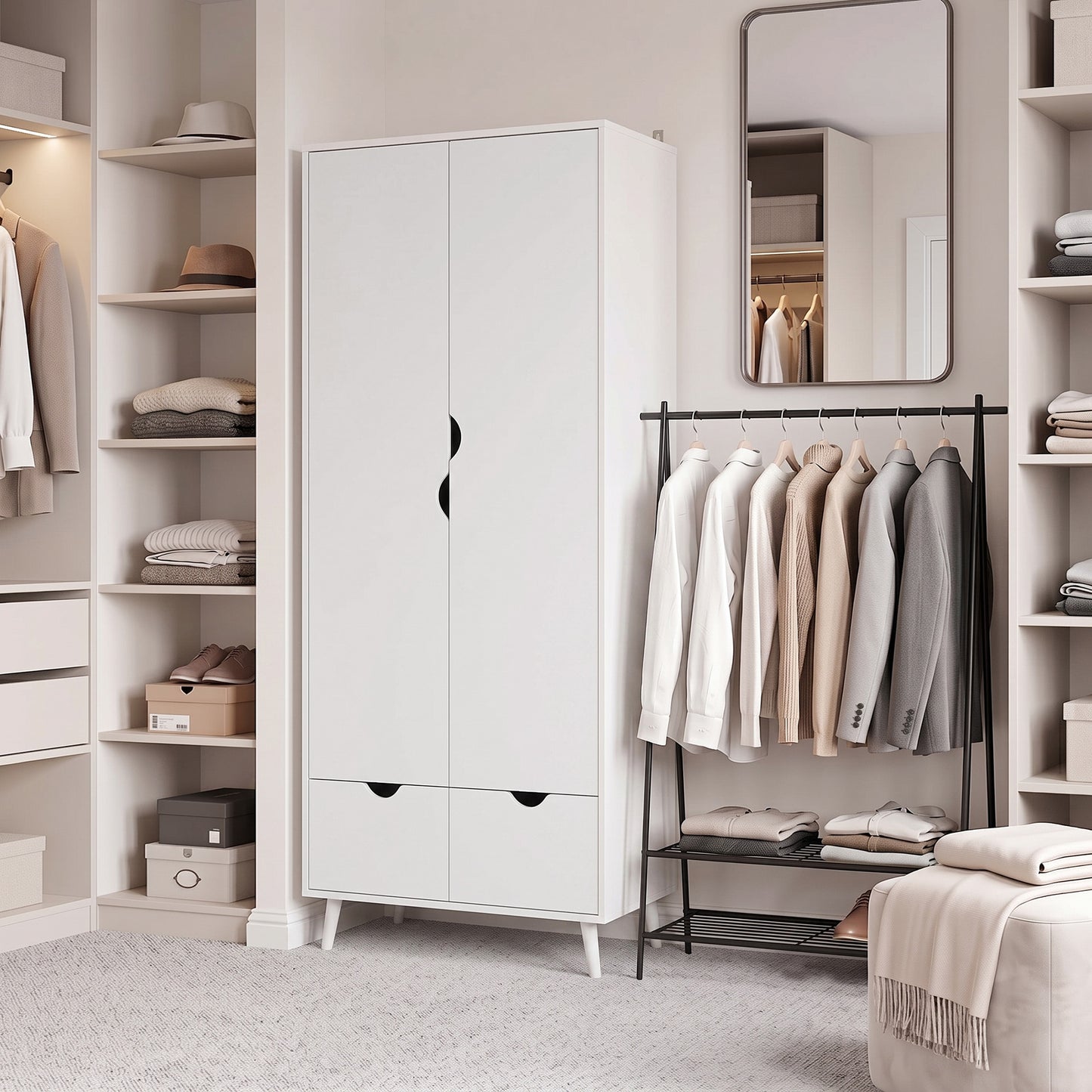 HOMCOM White 2 Door Wardrobe With 2 Drawers Hanging Rail And Shelves Wooden Feet