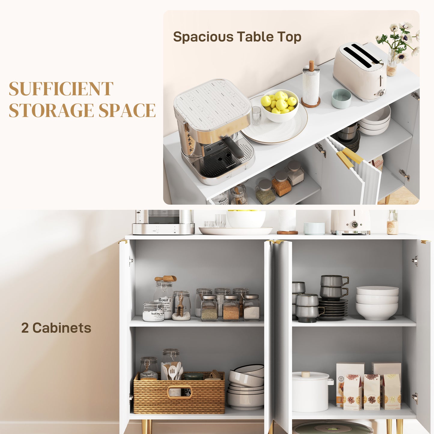 HOMCOM Sideboard Buffet Cabinet Modern Kitchen Storage With Four Doors And Adjustable Shelves White