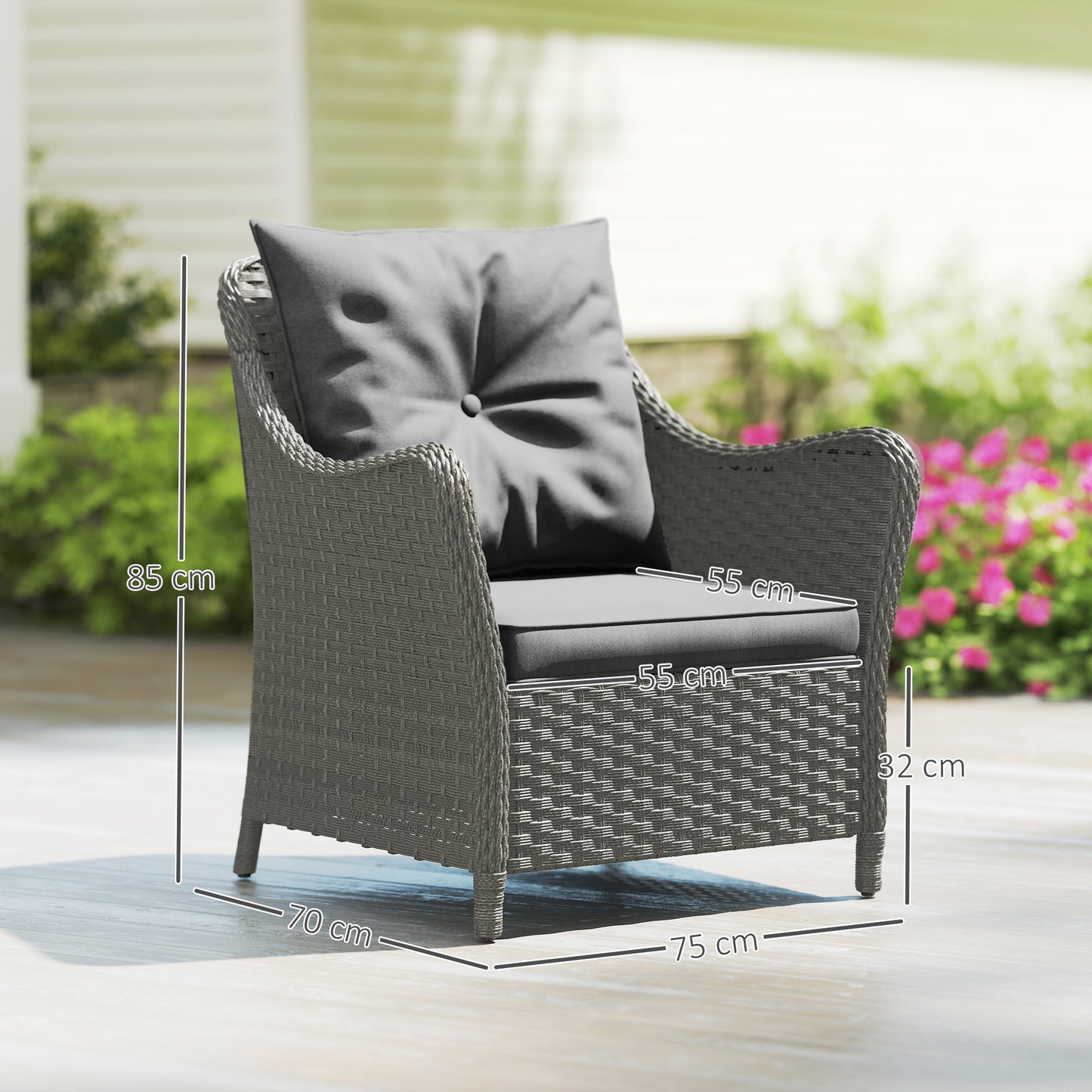 Outsunny Rattan Garden Chairs Set of 2 Cushions High Back PE Wicker Armchairs Steel Frame for Balcony Porch