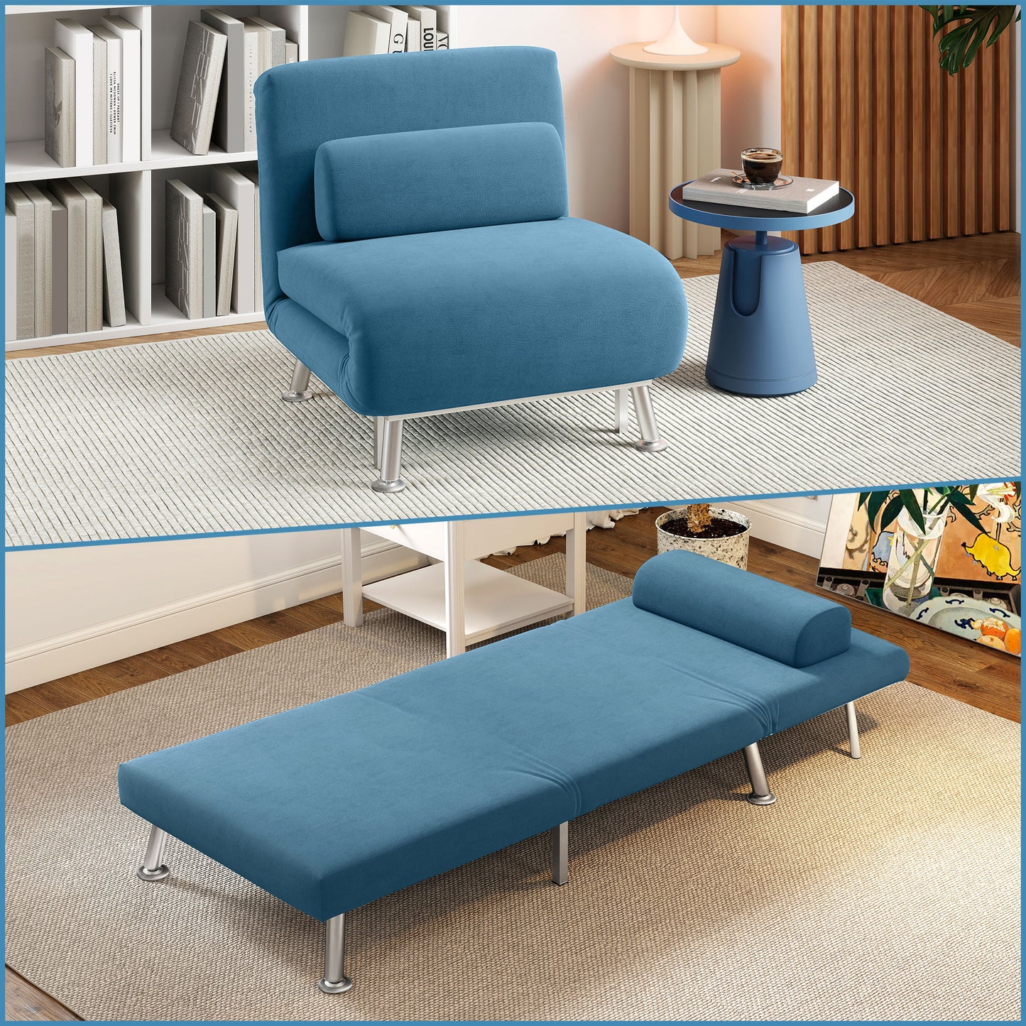HOMCOM Velvet Feel Sleeper Chair Blue 3 In 1 Chair To Chaise Longue And Bed With Five Level Adjustable Backrest