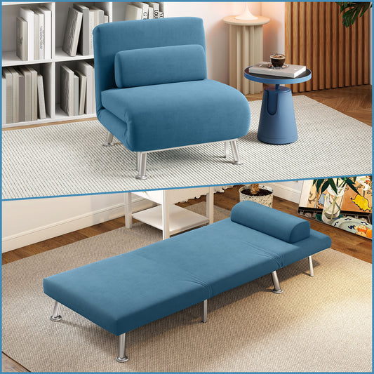 HOMCOM Velvet Feel Sleeper Chair Blue 3 In 1 Chair To Chaise Longue And Bed With Five Level Adjustable Backrest