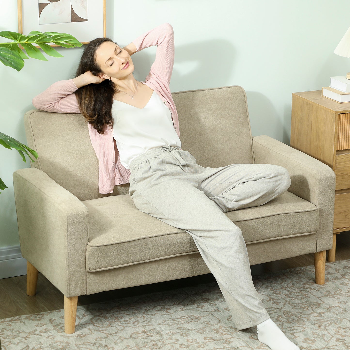 HOMCOM Two Seater Velvet Feel Sofa Beige With Wooden Legs Anti Slip Foot Pads And S Springs