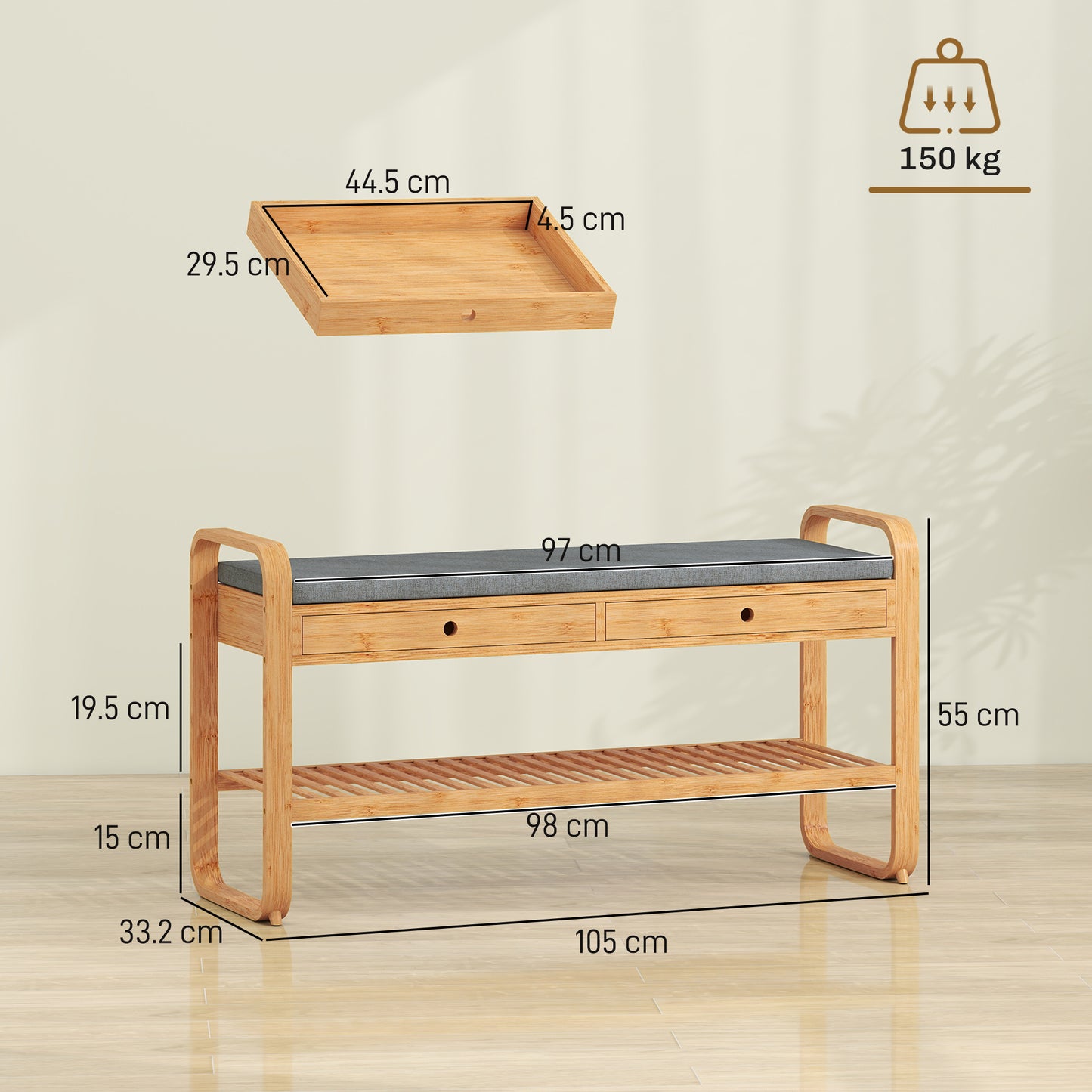 HOMCOM Shoe Bench With Cushioned Seat And Two Drawers 105 Cm Natural And Grey Hallway Storage