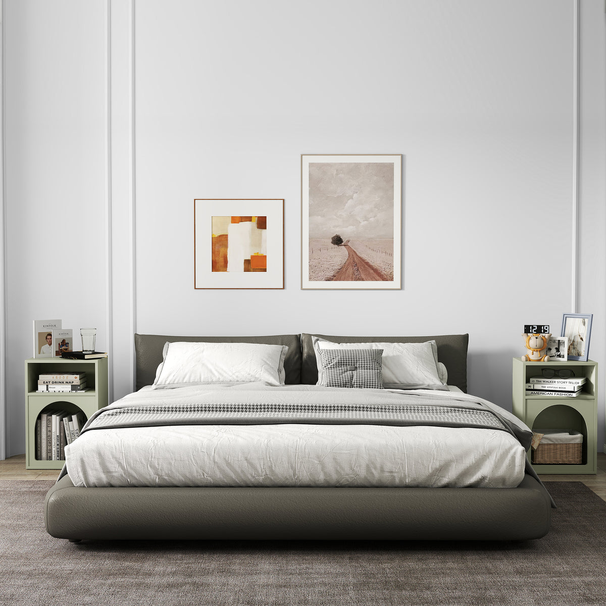 Two green bedside tables with open shelves and arched front storage for nighttime essentials.