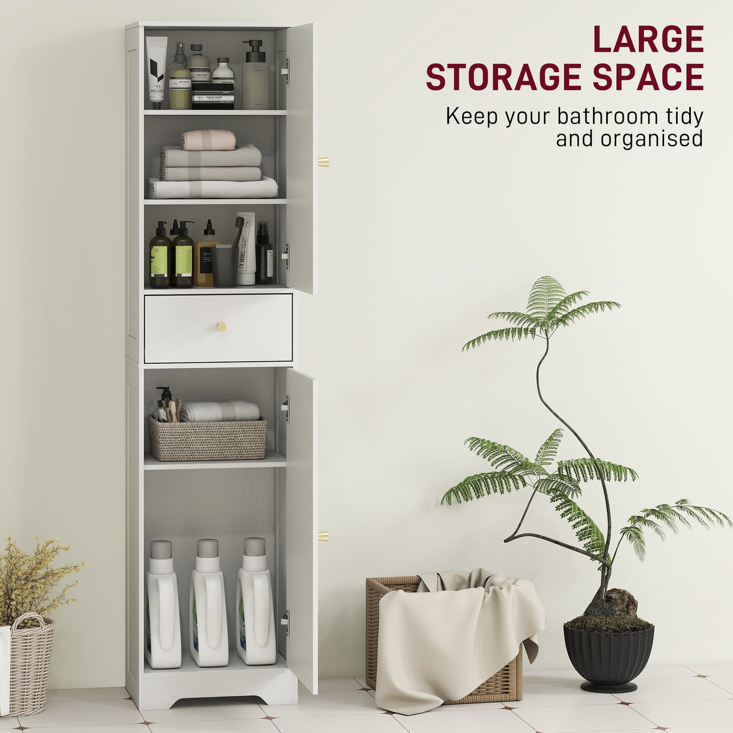 HOMCOM Tall Bathroom Cabinet With Arched Doors White Slim Storage With Two Cupboards And Middle Drawer