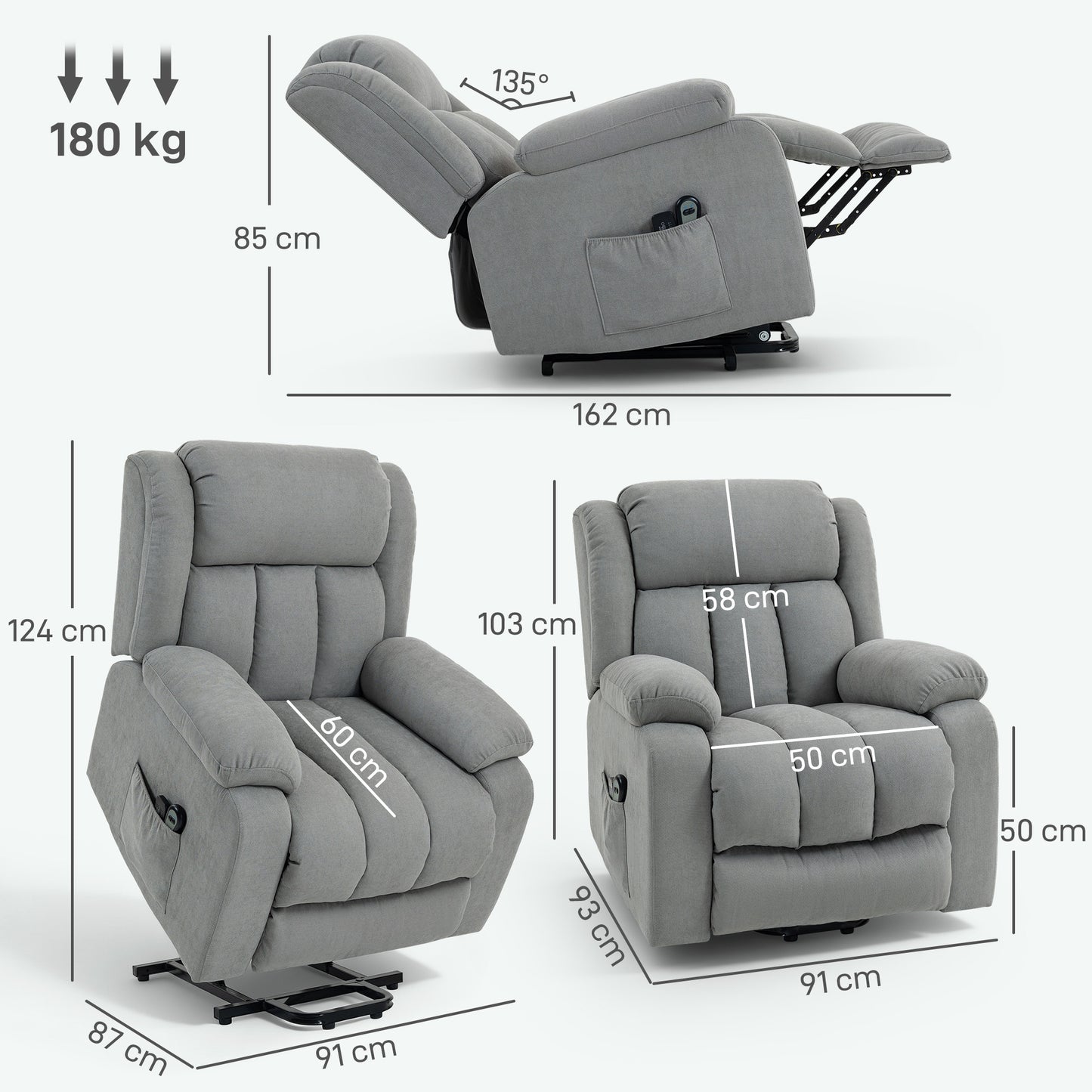 HOMCOM Eight Point Massage Electric Lift Chair Recliner With Remote Control 135 Degree Back Recline Light Grey