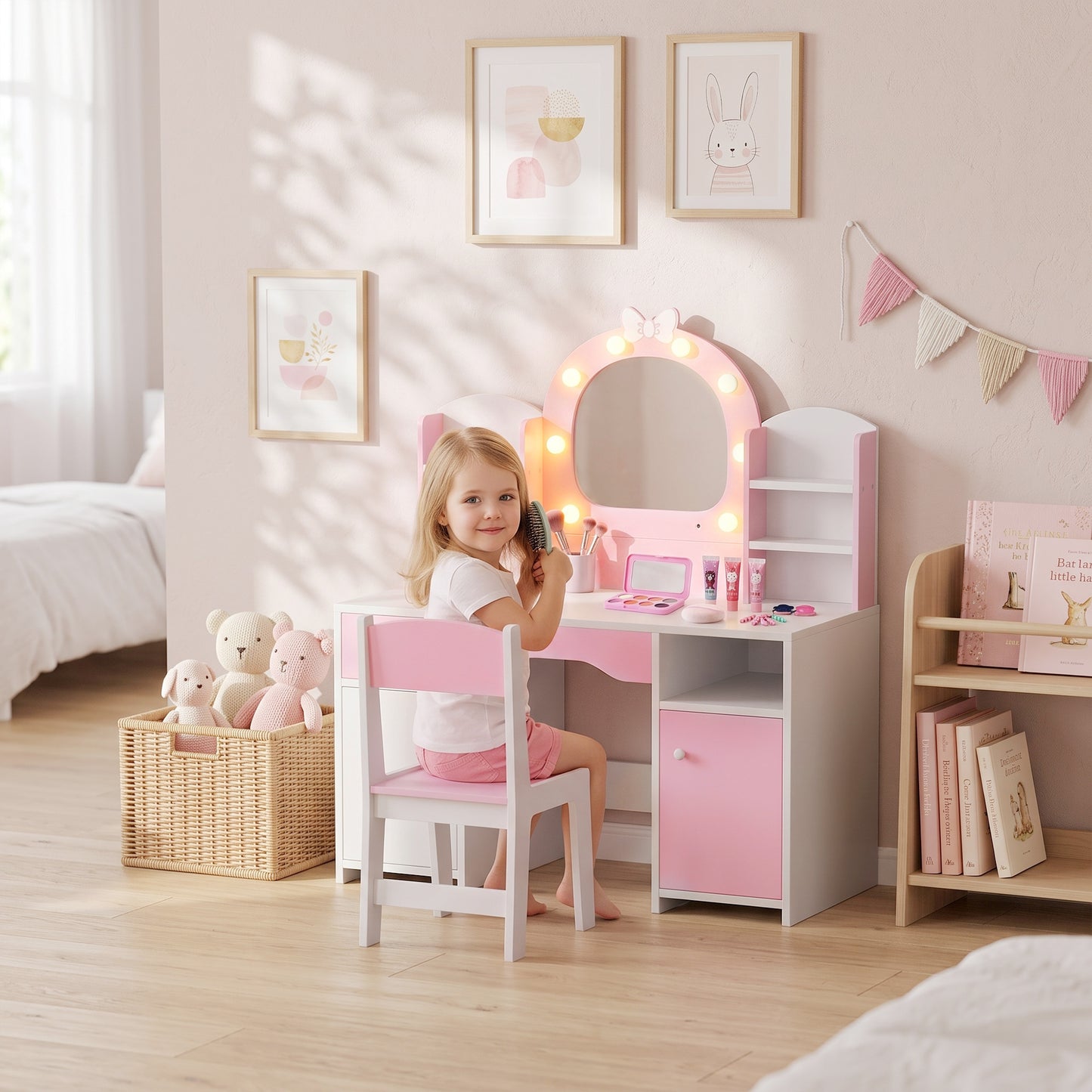 AIYAPLAY Kids Vanity Set Pink With Lighted Mirror And Storage Stool