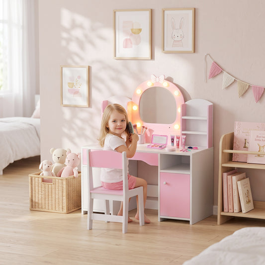 Kids vanity set in pink and white with lighted arched mirror and storage stool