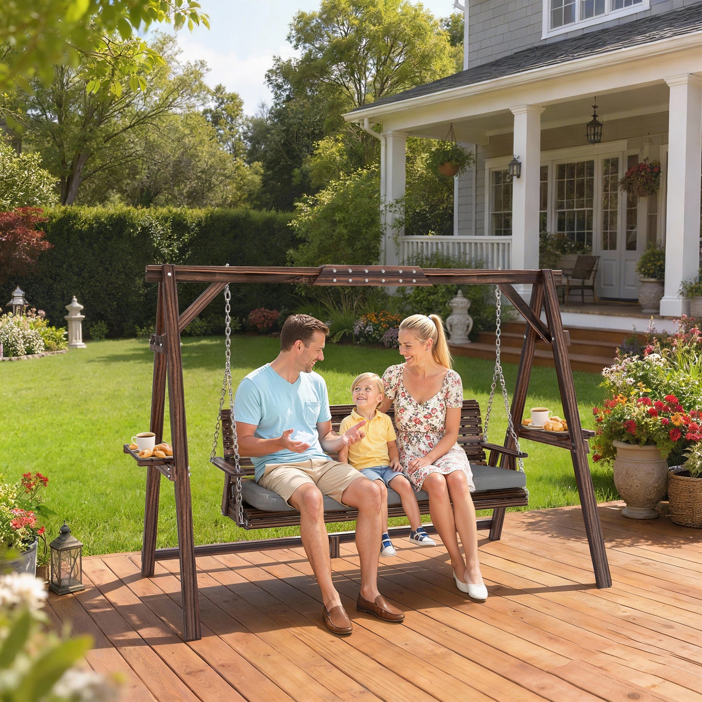 Outsunny 3 Seater Garden Swing Chair Bench With Cushion Side Trays Metal Chains Outdoor Porch Patio Carbonised Brown