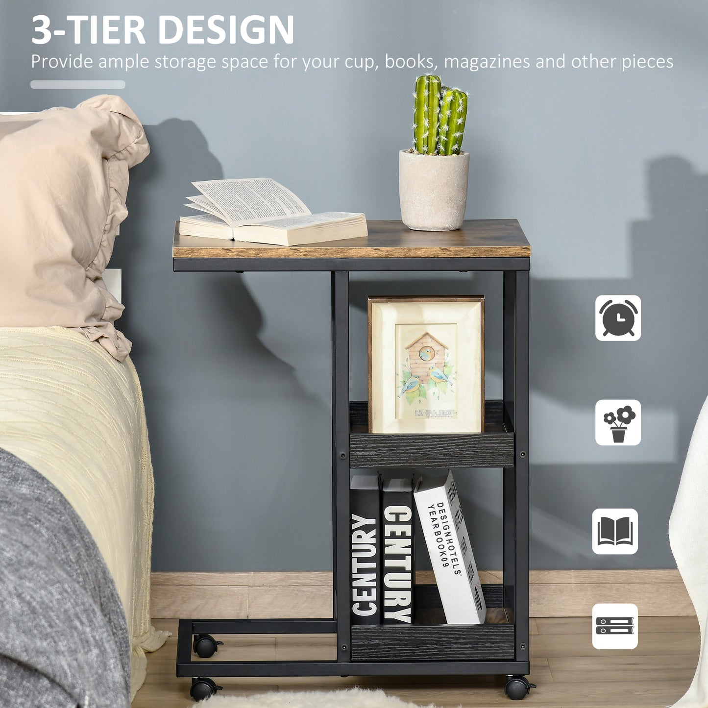 HOMCOM Mobile Sofa Side Table Set Of Two Industrial C Shaped Rolling Tables With 3 Tier Storage Dark Brown