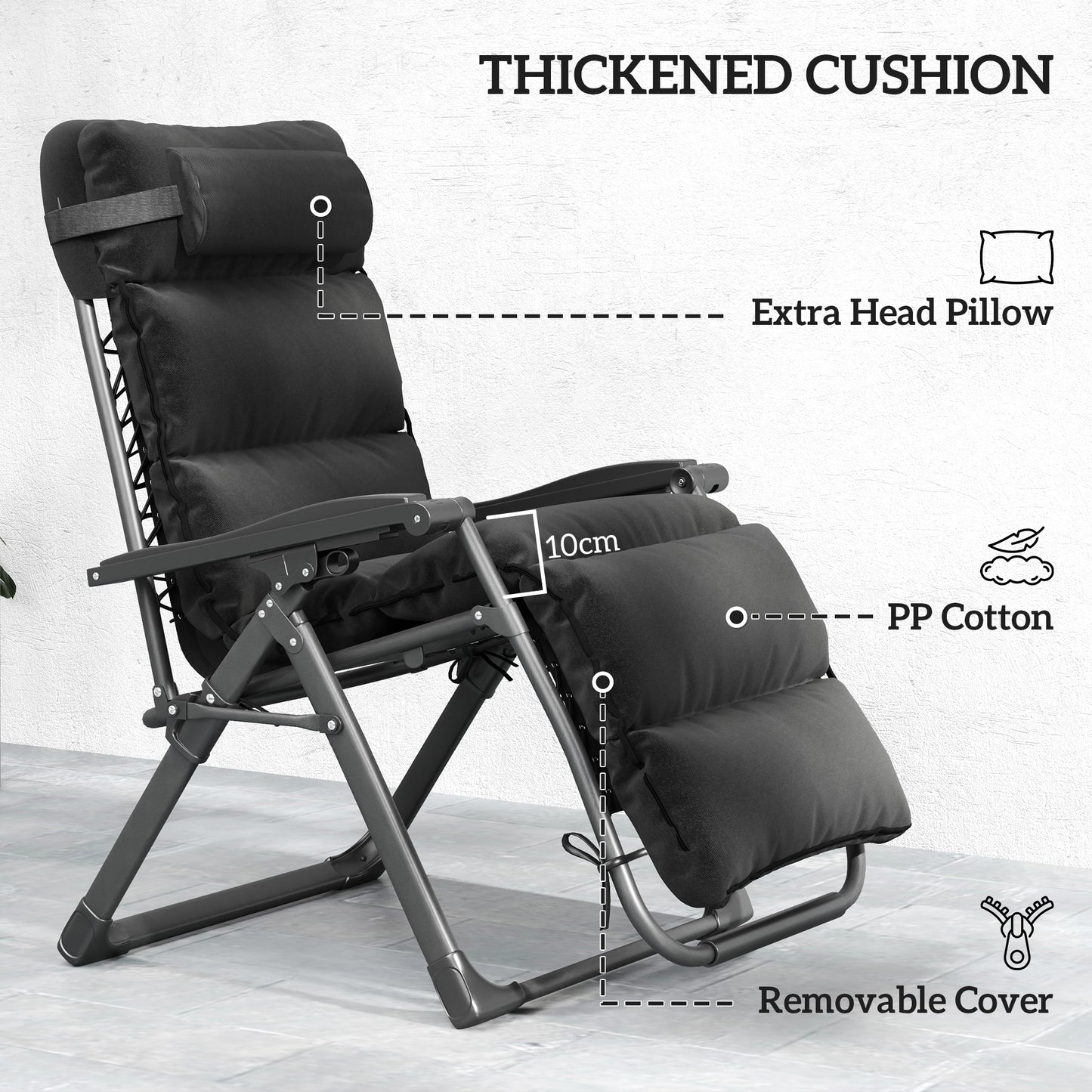 Outsunny Set of Two Reclining Sun Loungers With Cushions Black Outdoor Zero Gravity Patio Chairs