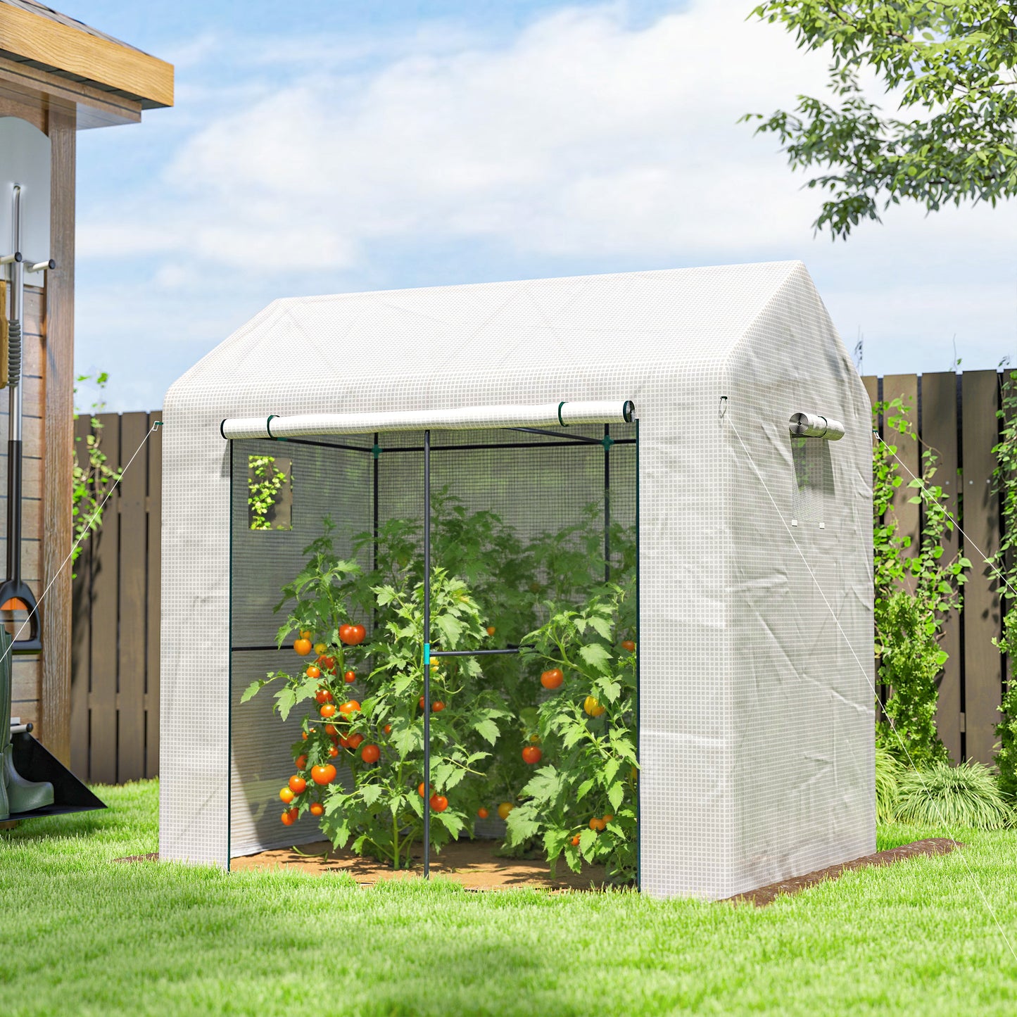 Outsunny Walk In Greenhouse For Outdoor Tomatoes With Roll Up Door And Mesh Windows PE Cover 200 x 140 x 200 cm White
