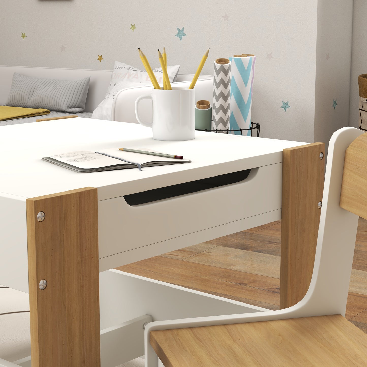 HOMCOM Three Piece Kids Table And Chair Set With Blackboard, Storage, And Bookshelves In Natural Wood