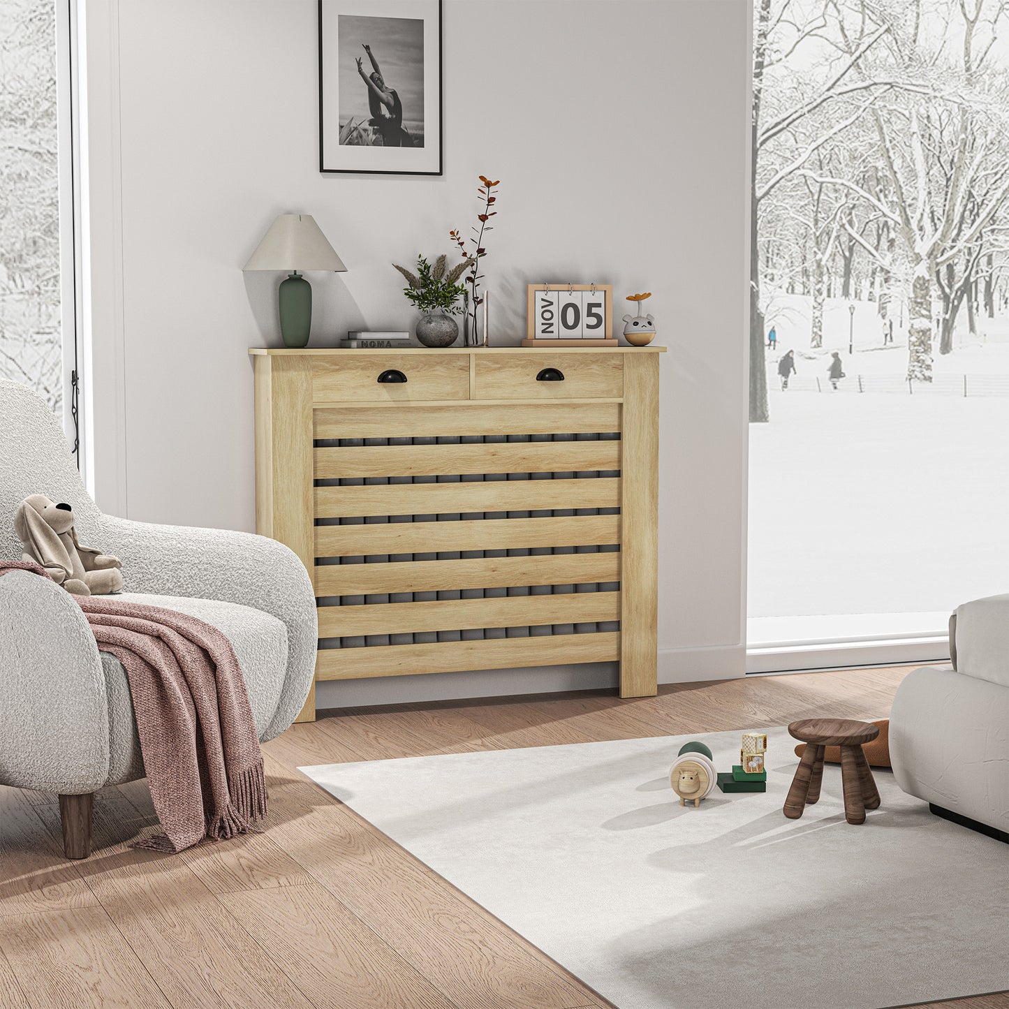 HOMCOM Oak Radiator Cover With Drawer 95.5H X 111W cm Slatted MDF And Particle Board