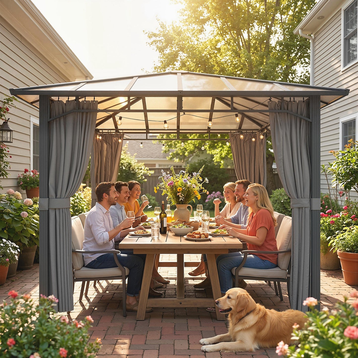 Outsunny 3 X 3 M Outdoor Hardtop Gazebo Canopy With Polycarbonate Roof Aluminium Pavilion Gazebo With Curtains Tan