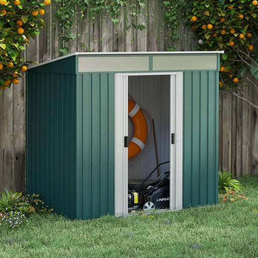 Outsunny 6.5 x 4FT Galvanised Metal Shed with Foundation, Lockable Tool Garden Shed with Double Sliding Doors and 2 Vents, Green - ALL4U RETAILER LTD