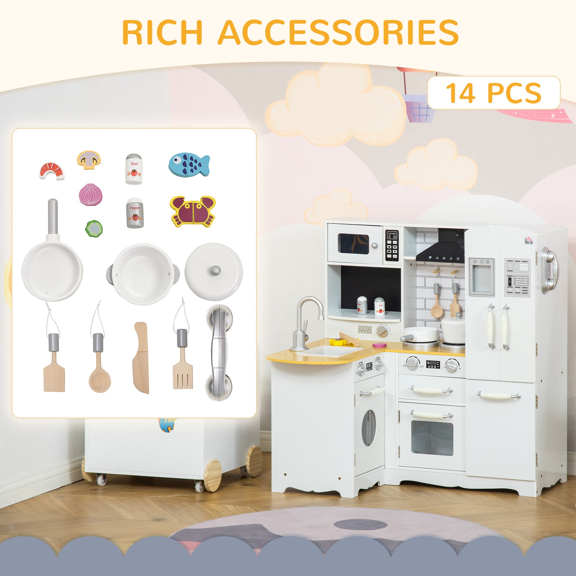 HOMCOM Large Wooden Kids Play Kitchen Set with Realistic Appliances and Accessories - ALL4U RETAILER LTD