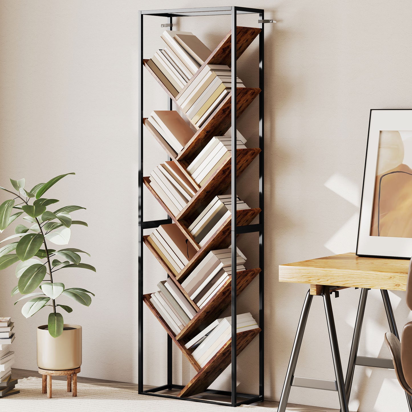 HOMCOM 10 Shelf Industrial Style Tree Bookshelf With Metal Frame Black And Brown