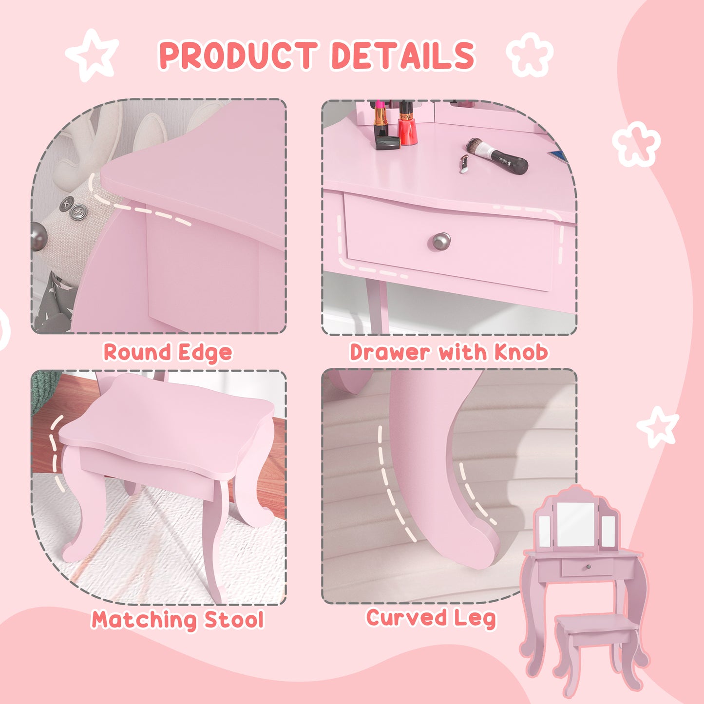 HOMCOM Kids Vanity Table And Chair Set With Tri Folding Mirror Pink Makeup Dressing Table With Drawer