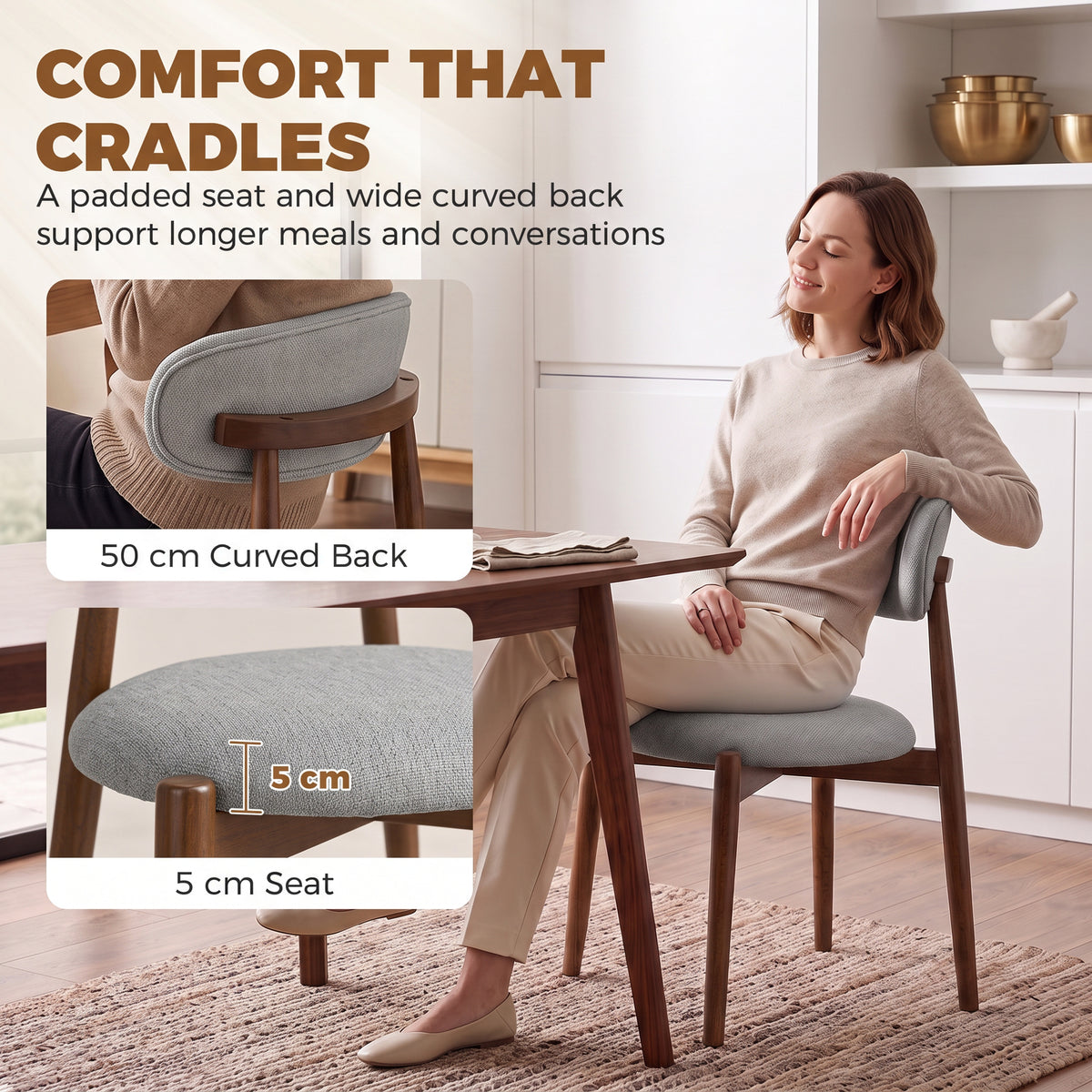 Grey chenille dining chair with curved backrest, cushioned seat, and rubberwood legs
