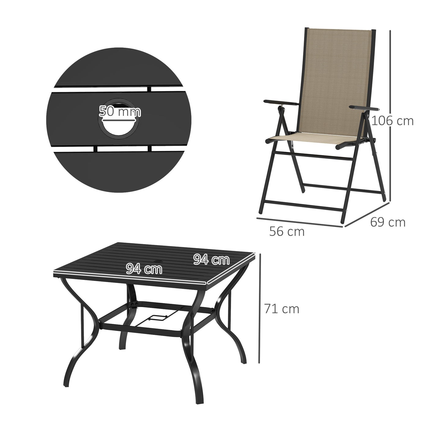 Outsunny Five Piece Steel Frame Outdoor Patio Set With Square Table And Folding Chairs Khaki And Black